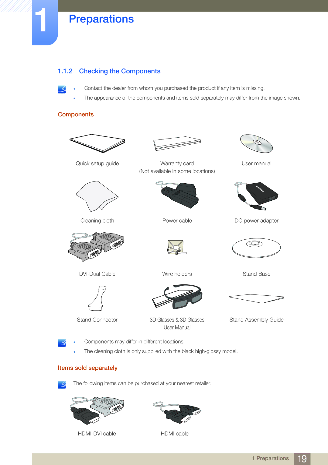 Samsung LS23A700DSL/ZN, LS23A700DS/ZA, LS23A700DSL/EN, LS23A700DS/EN manual Checking the Components, Items sold separately 