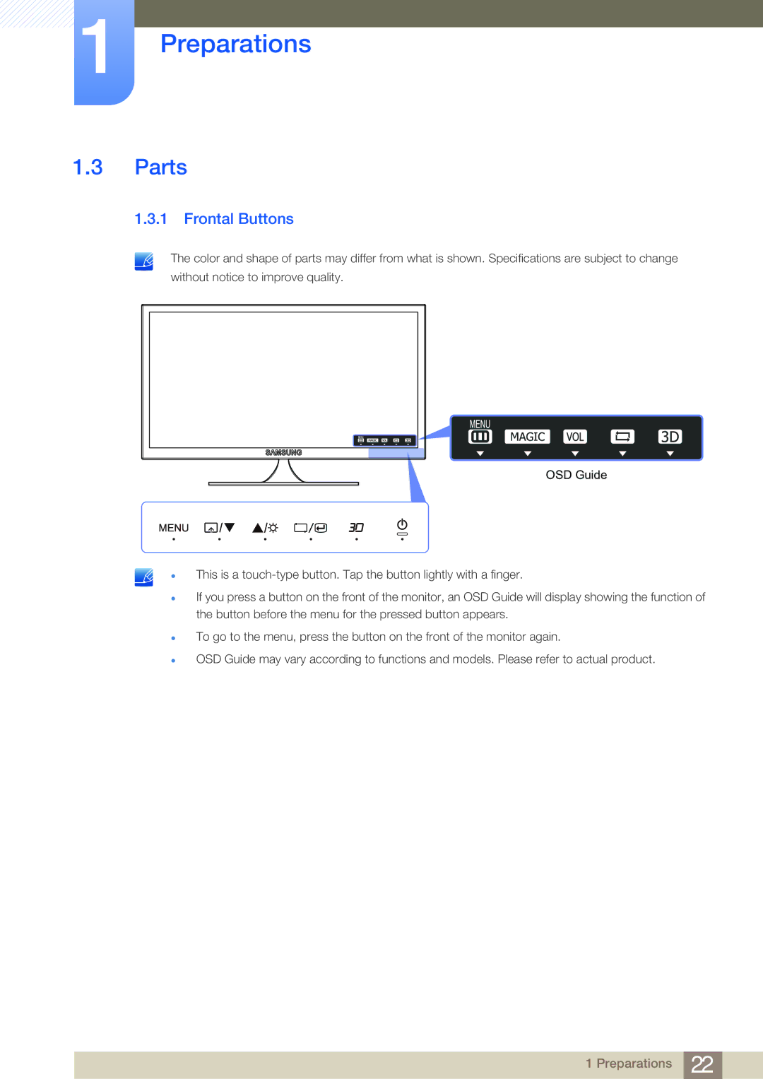 Samsung LS23A700DS/ZN, LS23A700DS/ZA, LS23A700DSL/EN, LS23A700DS/EN, LS23A700DS/SM, LS23A700DS/NG manual Parts, Frontal Buttons 