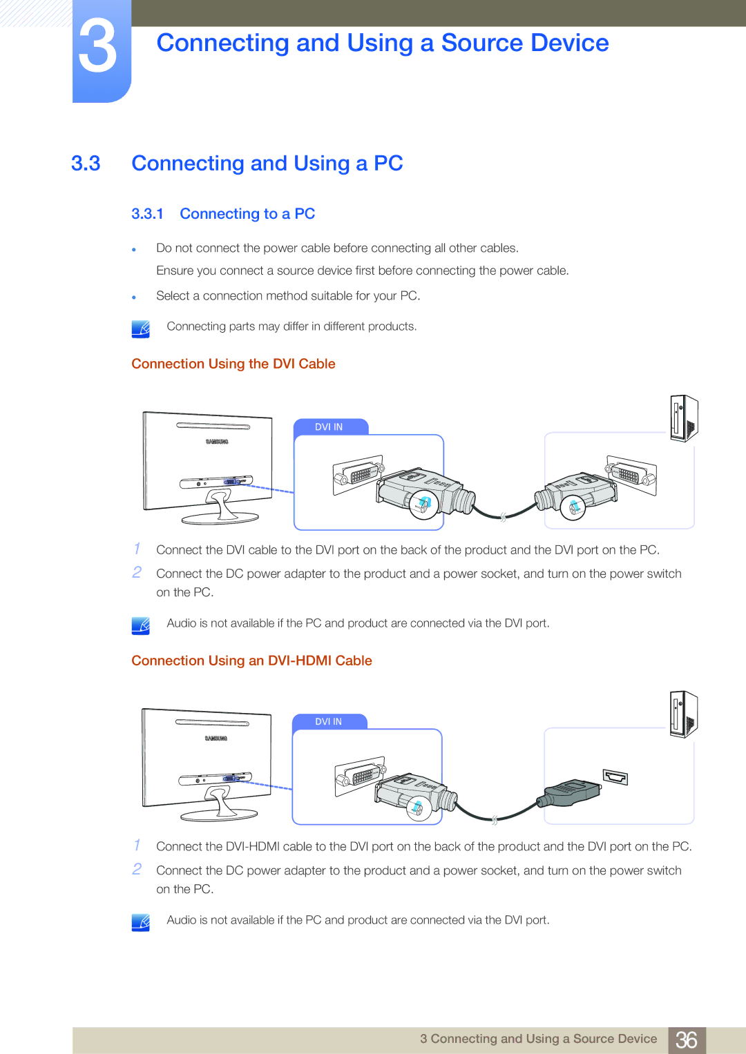 Samsung LS23A700DS/ZN, LS23A700DS/ZA manual Connecting and Using a PC, Connecting to a PC, Connection Using the DVI Cable 