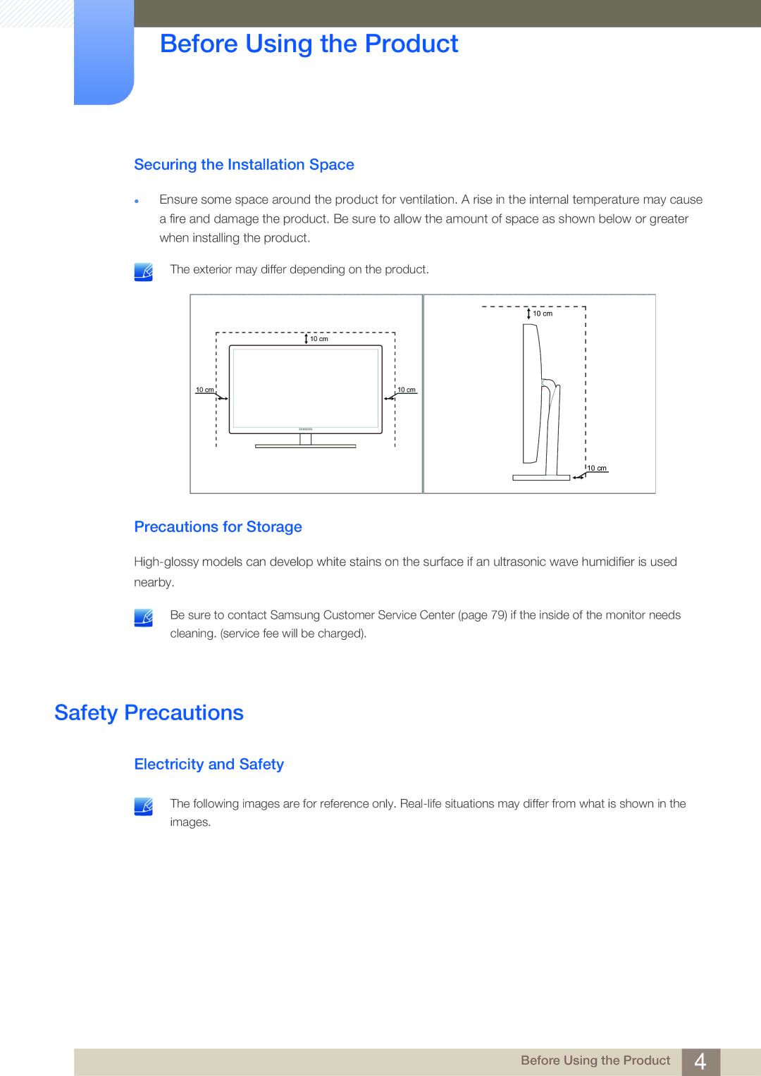 Samsung LS23A700DS/NG Safety Precautions, Securing the Installation Space, Precautions for Storage, Electricity and Safety 