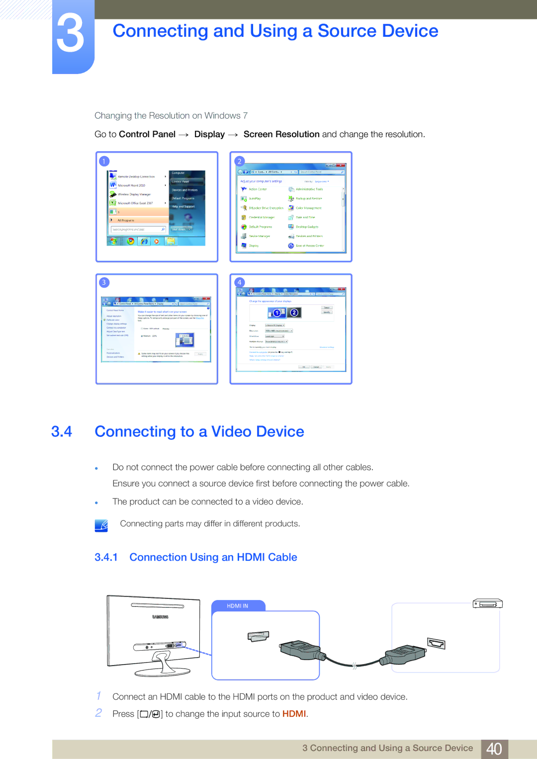 Samsung LS23A700DS/CI, LS23A700DS/ZA, LS23A700DSL/EN manual Connecting to a Video Device, Connection Using an Hdmi Cable 