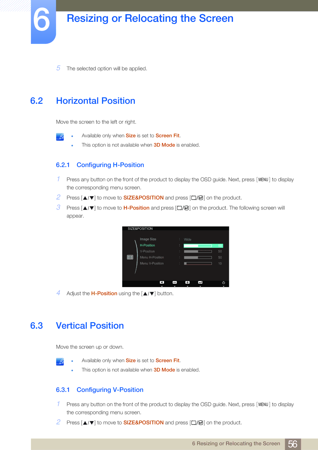 Samsung LS23A700DS/ZA manual Horizontal Position, Vertical Position, Configuring H-Position, Configuring V-Position 