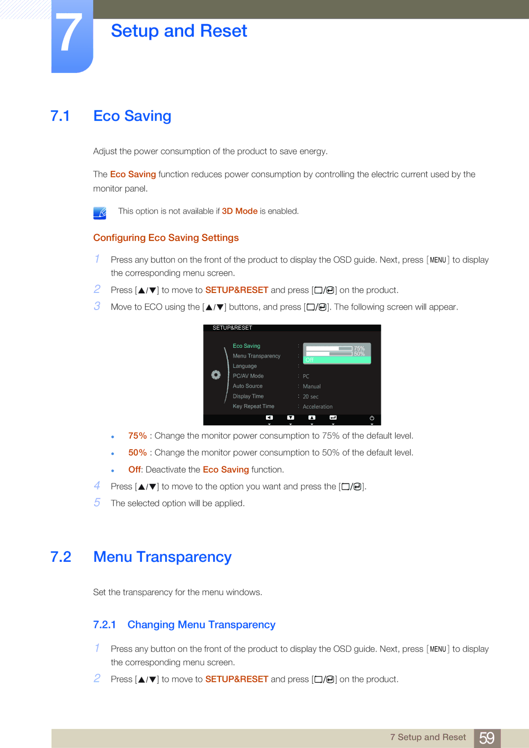 Samsung LS23A700DS/SM, LS23A700DS/ZA Setup and Reset, Changing Menu Transparency, Configuring Eco Saving Settings 