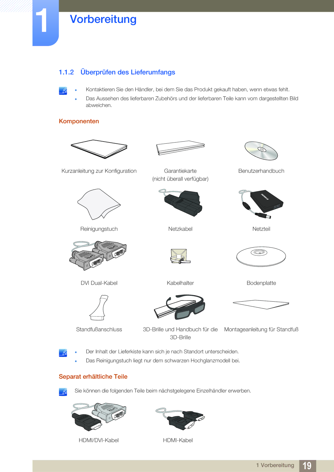 Samsung LS23A700DSL/EN, LS23A700DS/ZA, LS23A700DS/EN 2 Überprüfen des Lieferumfangs, Komponenten, Separat erhältliche Teile 