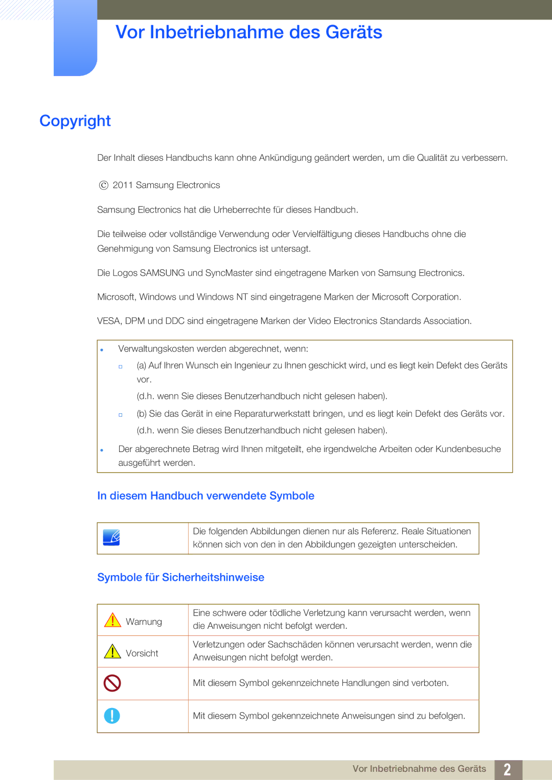 Samsung LS23A700DS/EN, LS23A700DS/ZA manual Vor Inbetriebnahme des Geräts, Copyright, Diesem Handbuch verwendete Symbole 