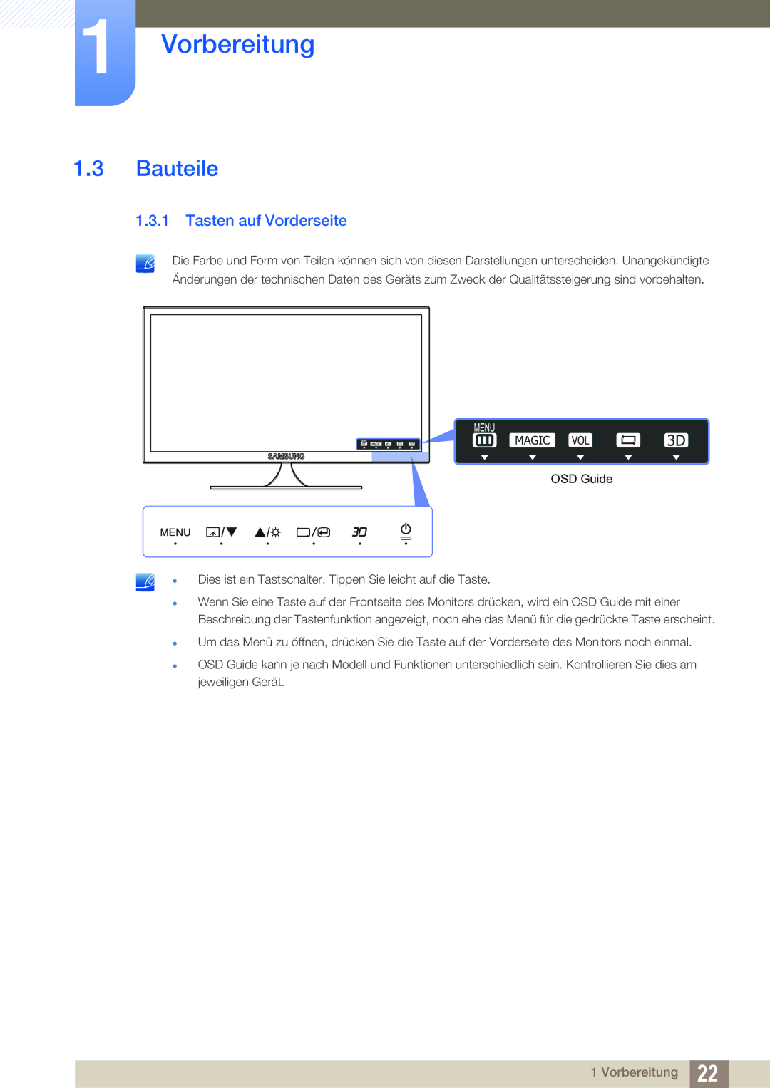 Samsung LS23A700DSL/EN, LS23A700DS/ZA, LS23A700DS/EN manual Bauteile, Tasten auf Vorderseite 