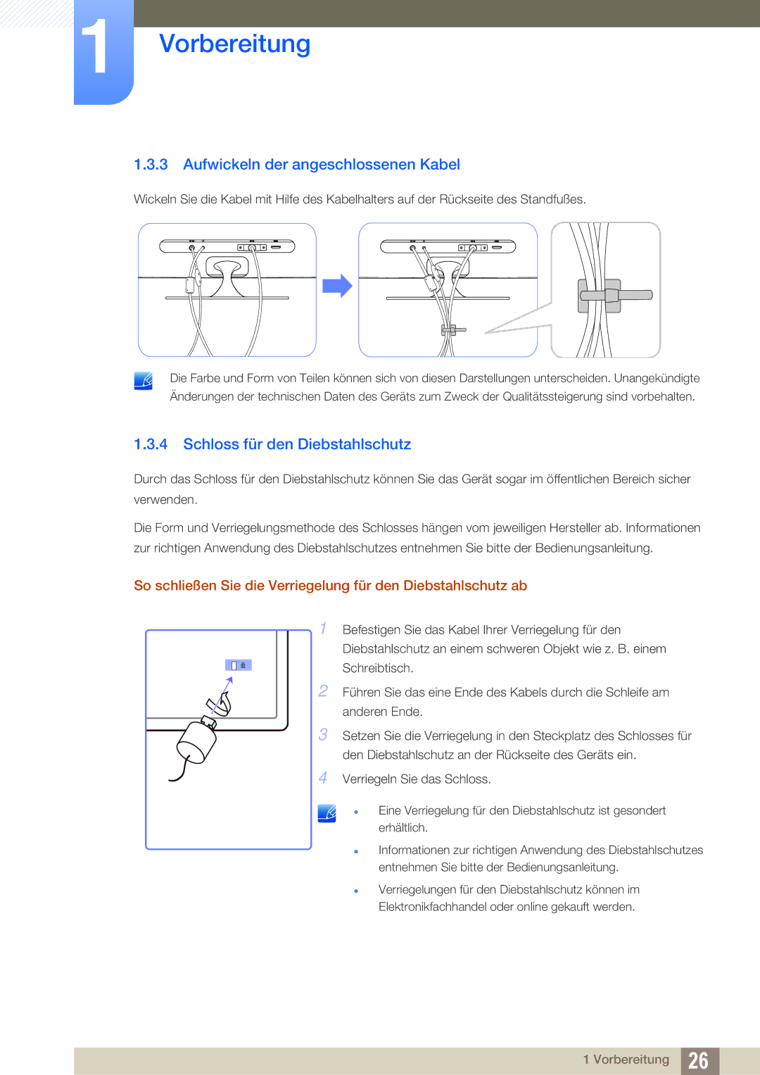 Samsung LS23A700DS/EN, LS23A700DS/ZA, LS23A700DSL/EN Aufwickeln der angeschlossenen Kabel, Schloss für den Diebstahlschutz 