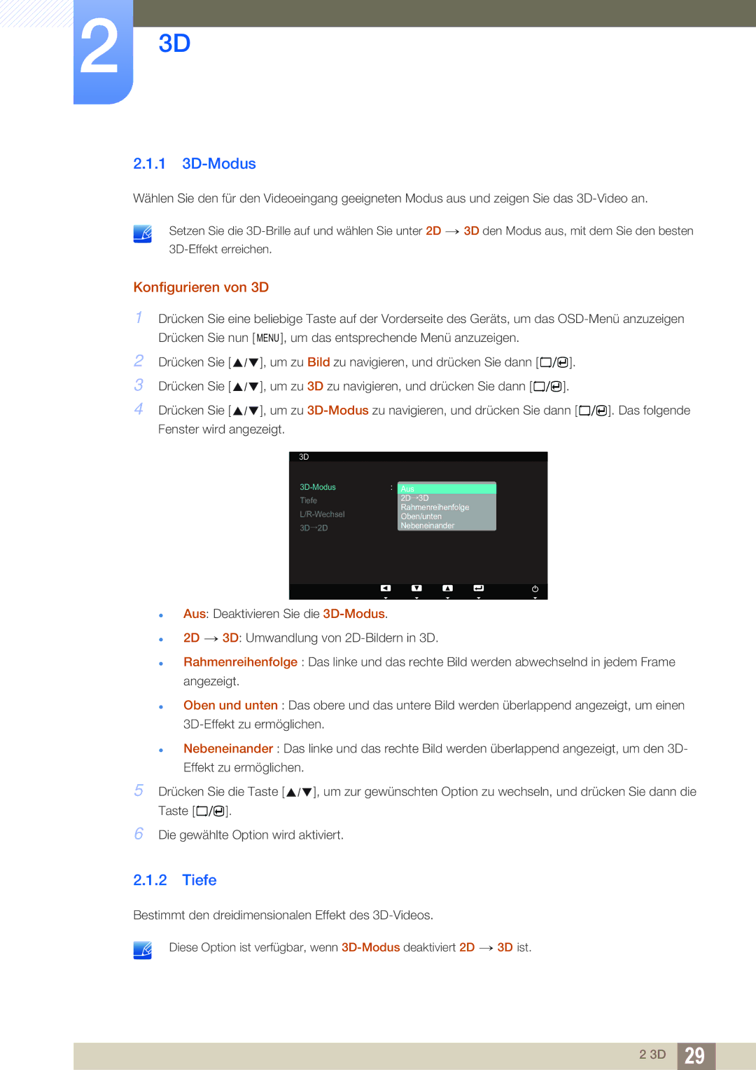 Samsung LS23A700DS/EN, LS23A700DS/ZA, LS23A700DSL/EN manual 1 3D-Modus, Tiefe, Konfigurieren von 3D 