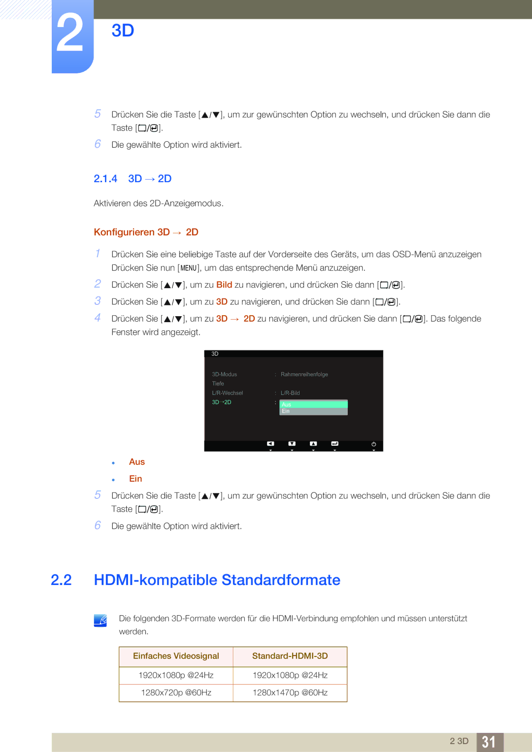 Samsung LS23A700DSL/EN, LS23A700DS/ZA, LS23A700DS/EN manual HDMI-kompatible Standardformate, 4 3D → 2D, Konfigurieren 3D → 2D 