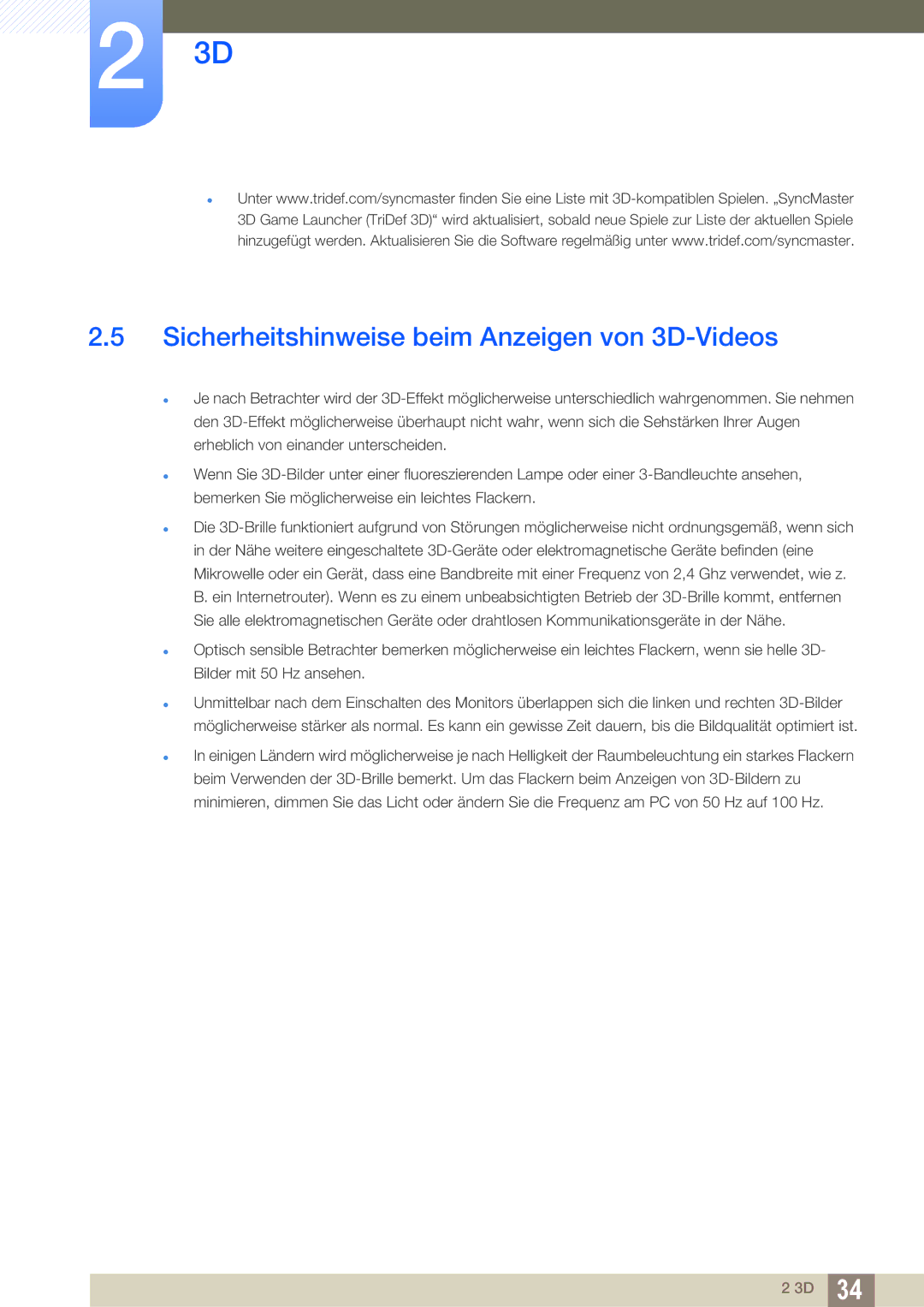 Samsung LS23A700DSL/EN, LS23A700DS/ZA, LS23A700DS/EN manual Sicherheitshinweise beim Anzeigen von 3D-Videos 