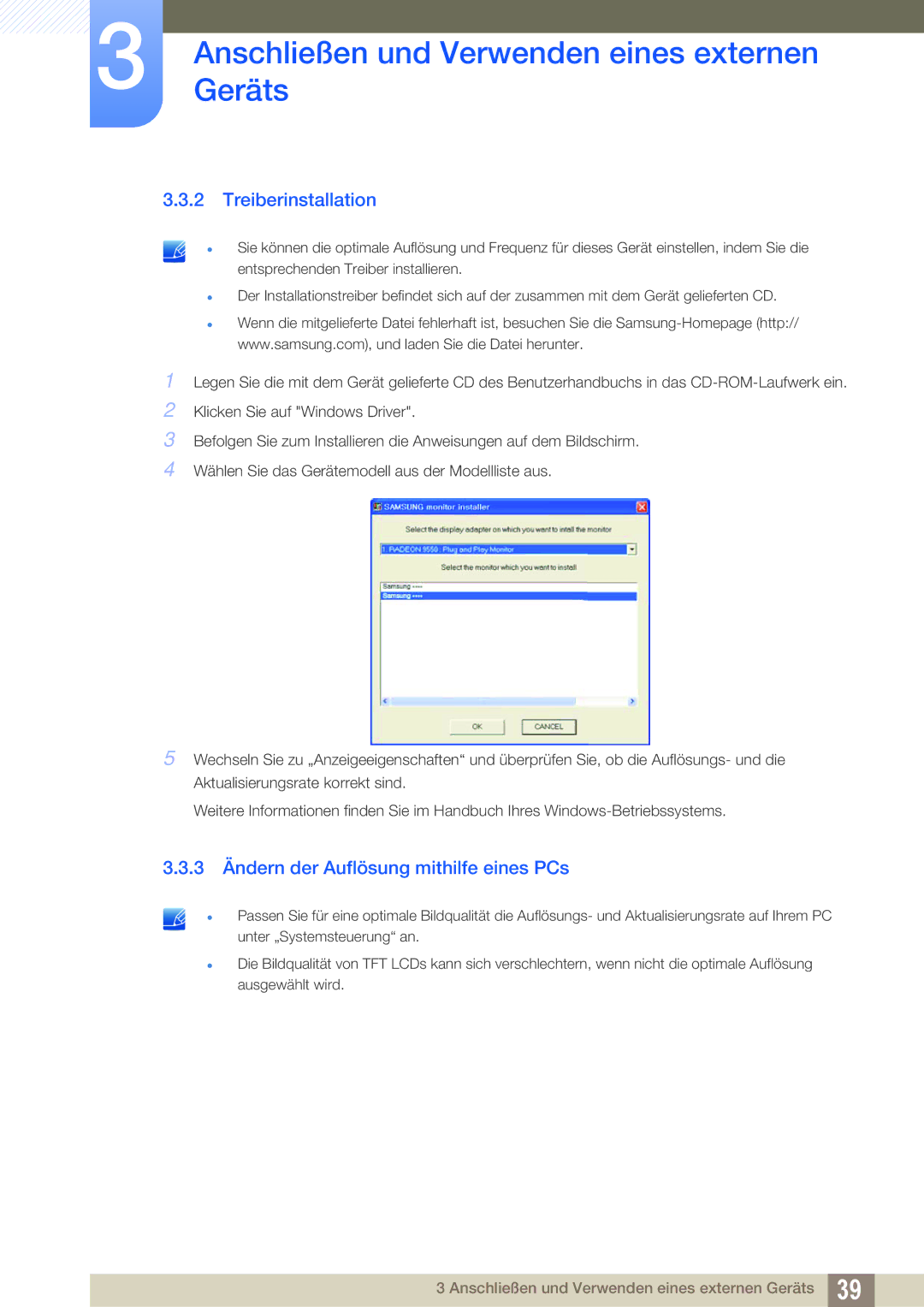 Samsung LS23A700DS/ZA, LS23A700DSL/EN, LS23A700DS/EN manual Treiberinstallation, 3 Ändern der Auflösung mithilfe eines PCs 