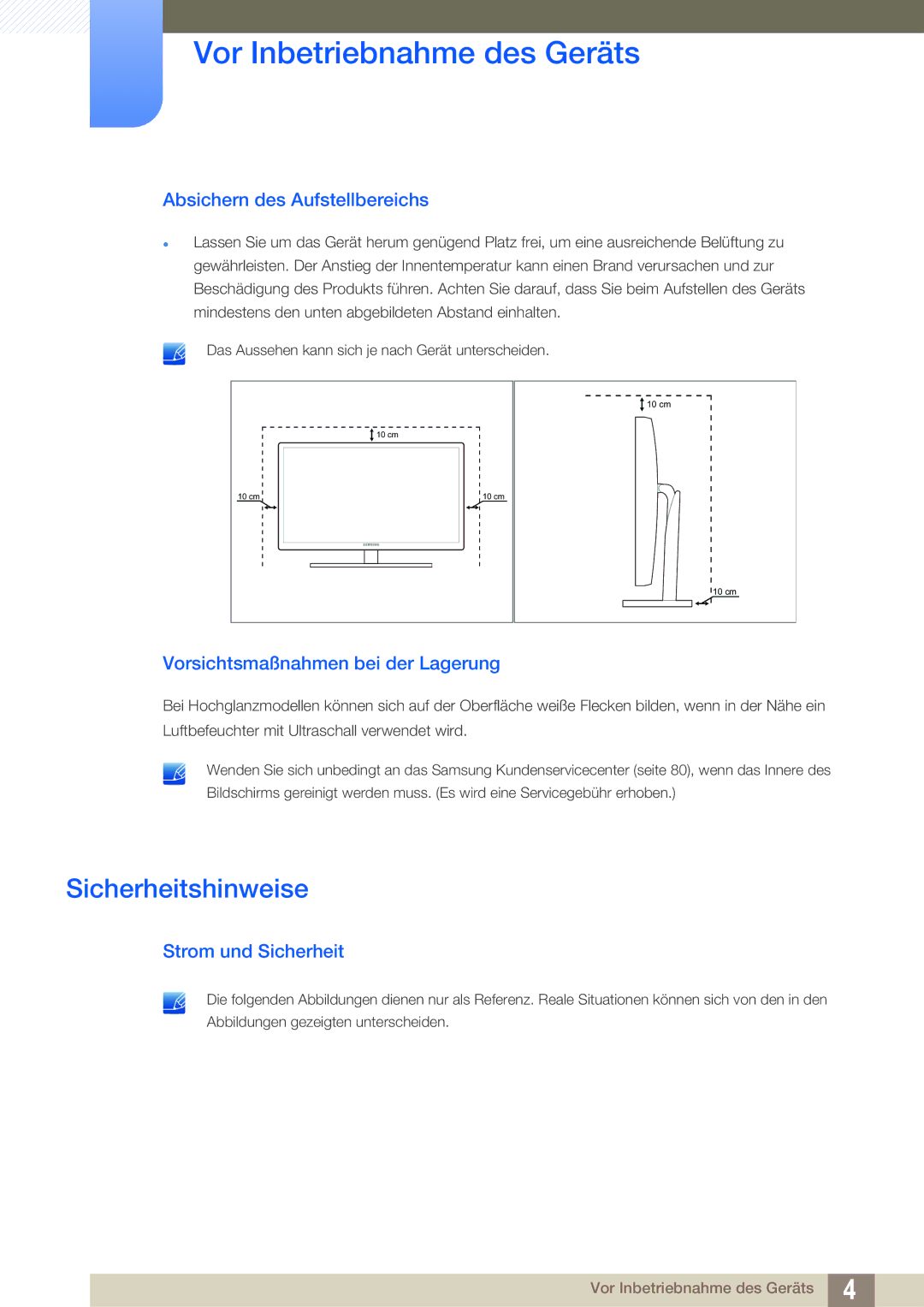 Samsung LS23A700DSL/EN manual Sicherheitshinweise, Absichern des Aufstellbereichs, Vorsichtsmaßnahmen bei der Lagerung 