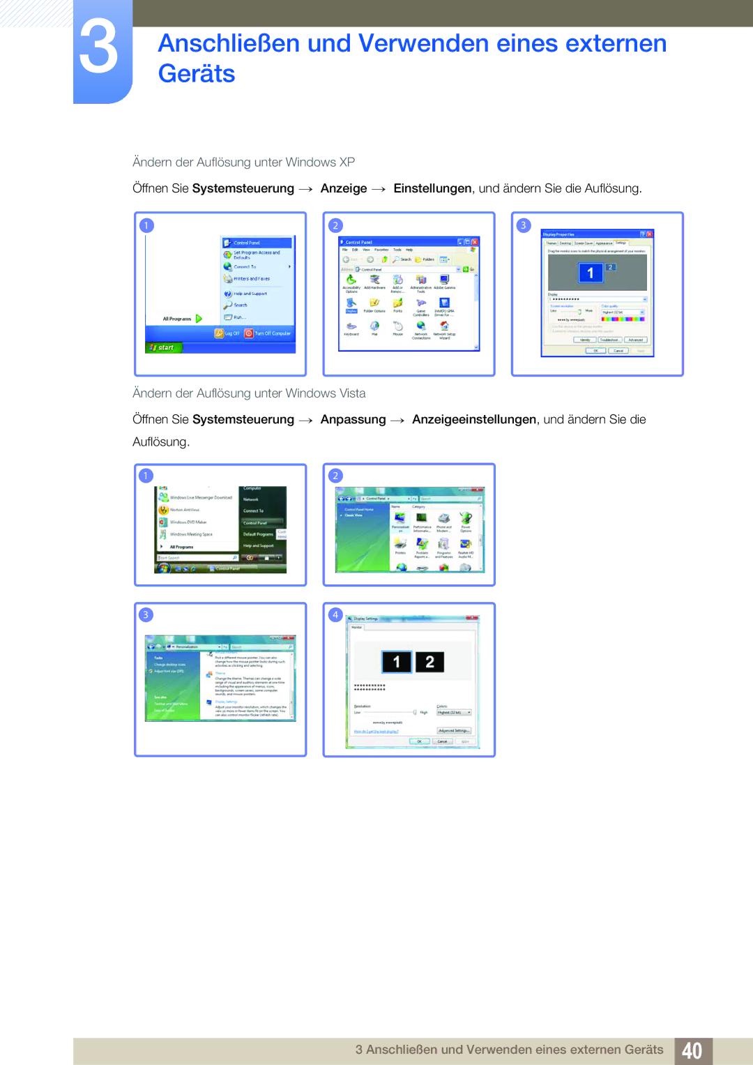 Samsung LS23A700DSL/EN, LS23A700DS/ZA, LS23A700DS/EN manual Ändern der Auflösung unter Windows XP 