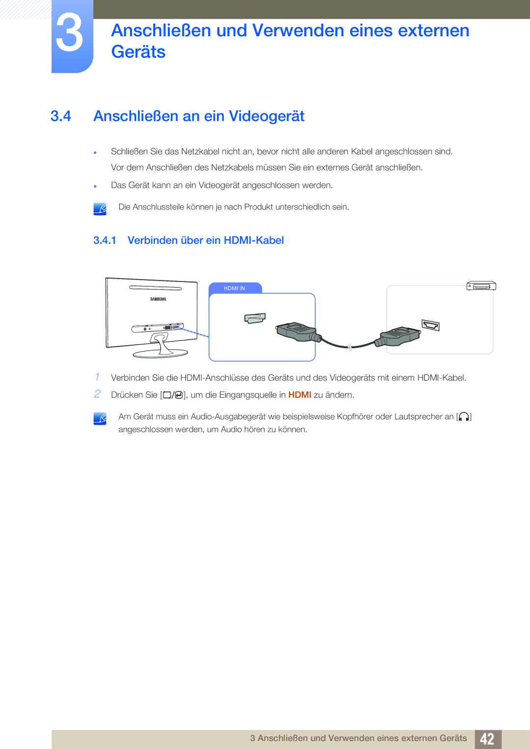 Samsung LS23A700DS/ZA, LS23A700DSL/EN, LS23A700DS/EN manual Anschließen an ein Videogerät, Verbinden über ein HDMI-Kabel 