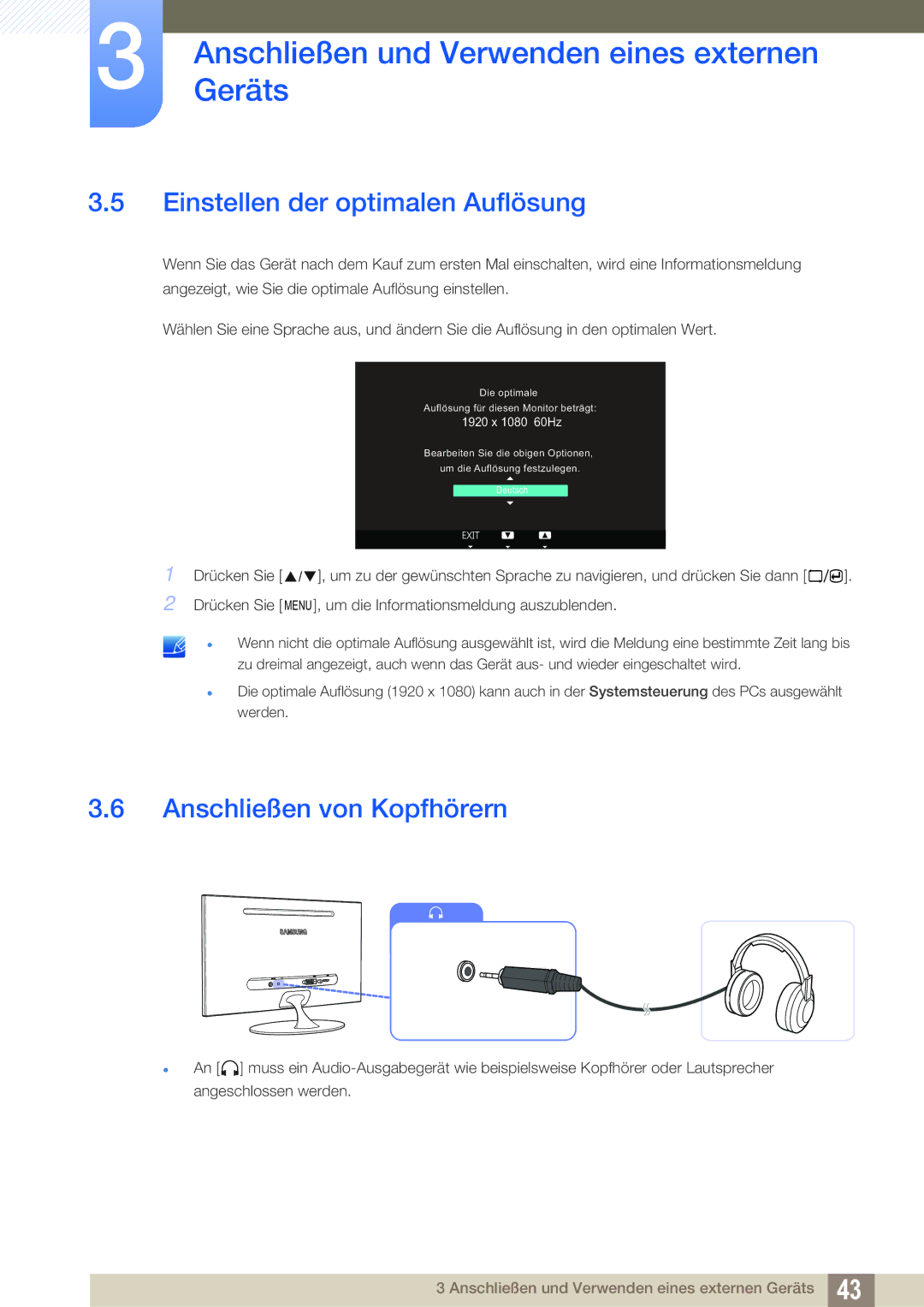 Samsung LS23A700DSL/EN, LS23A700DS/ZA, LS23A700DS/EN manual Einstellen der optimalen Auflösung, Anschließen von Kopfhörern 