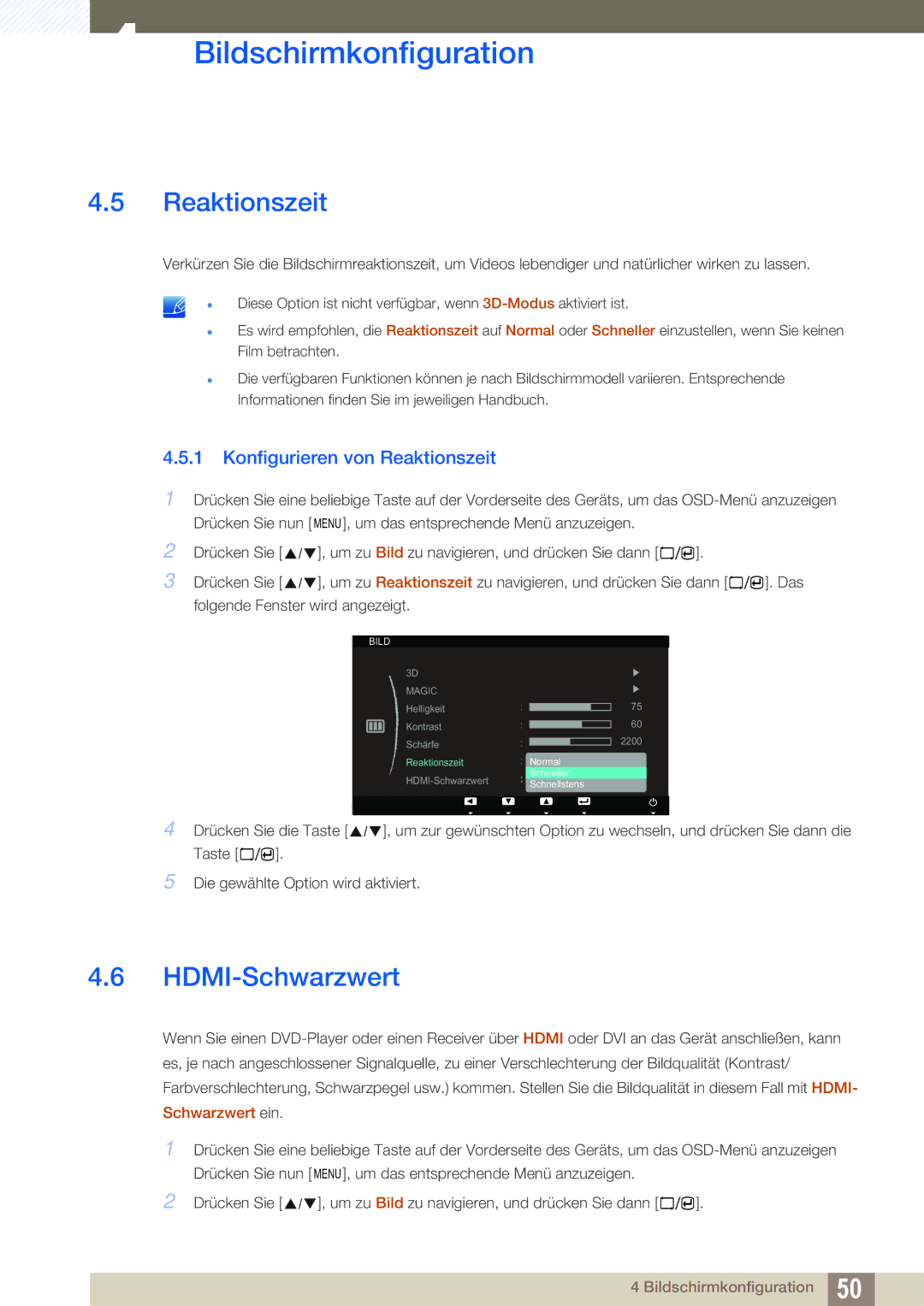 Samsung LS23A700DS/EN, LS23A700DS/ZA, LS23A700DSL/EN manual HDMI-Schwarzwert, Konfigurieren von Reaktionszeit 