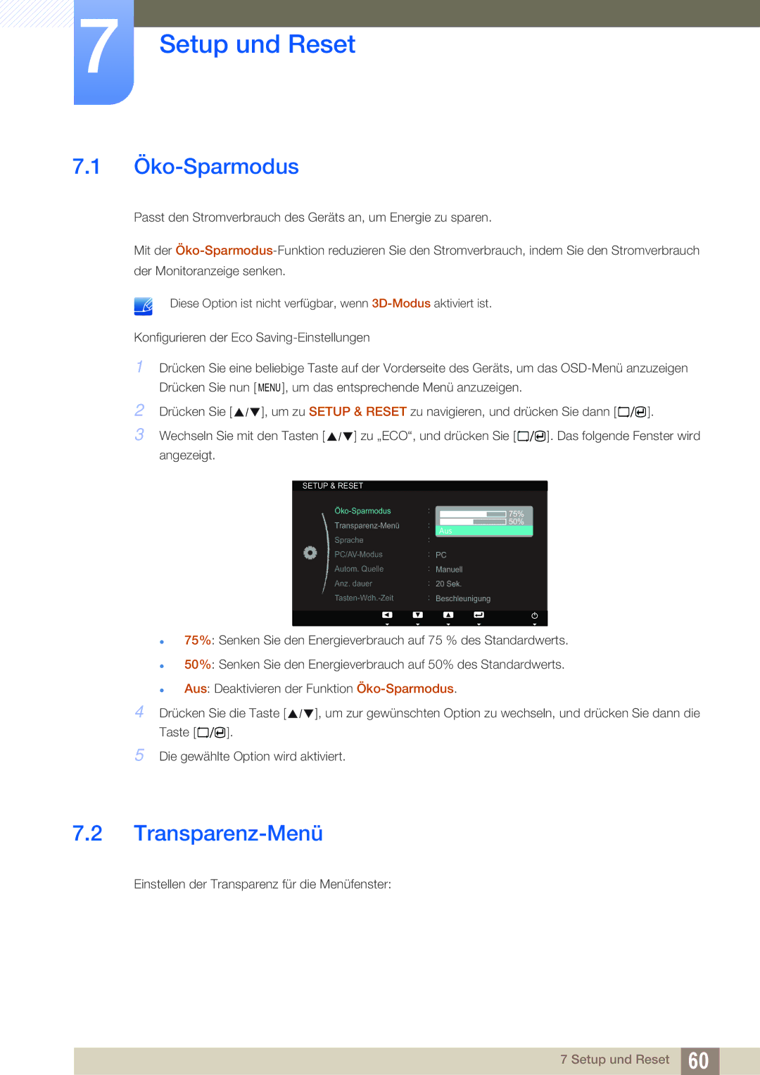 Samsung LS23A700DS/ZA, LS23A700DSL/EN, LS23A700DS/EN manual Setup und Reset, Öko-Sparmodus, Transparenz-Menü 