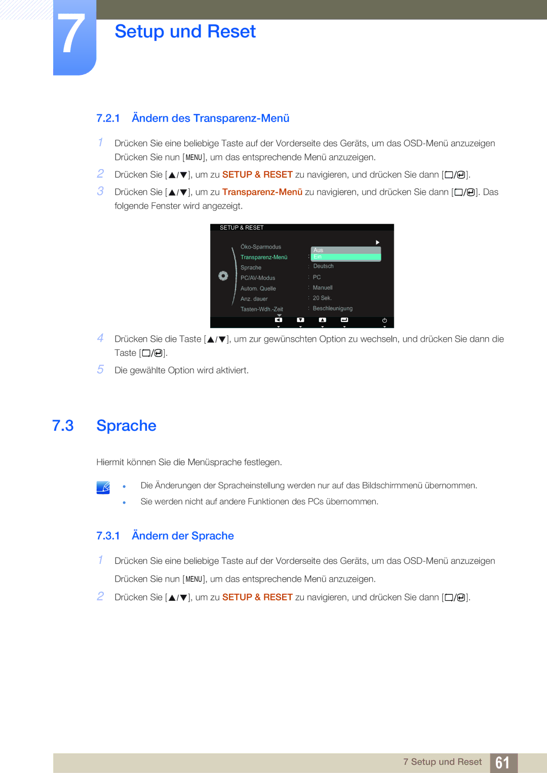 Samsung LS23A700DSL/EN, LS23A700DS/ZA, LS23A700DS/EN manual 1 Ändern des Transparenz-Menü, 1 Ändern der Sprache 