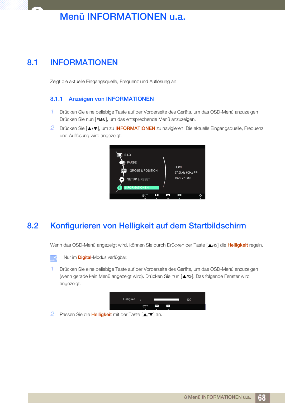 Samsung LS23A700DS/EN, LS23A700DS/ZA manual Menü Informationen u.a, Konfigurieren von Helligkeit auf dem Startbildschirm 