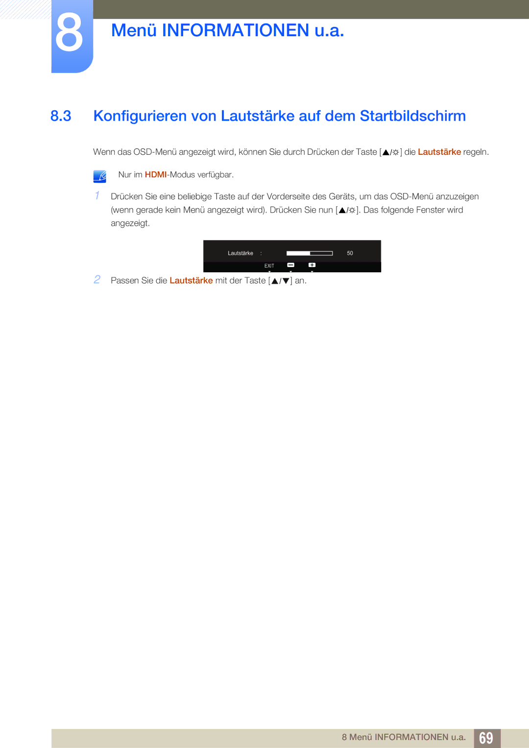 Samsung LS23A700DS/ZA, LS23A700DSL/EN, LS23A700DS/EN manual Konfigurieren von Lautstärke auf dem Startbildschirm 