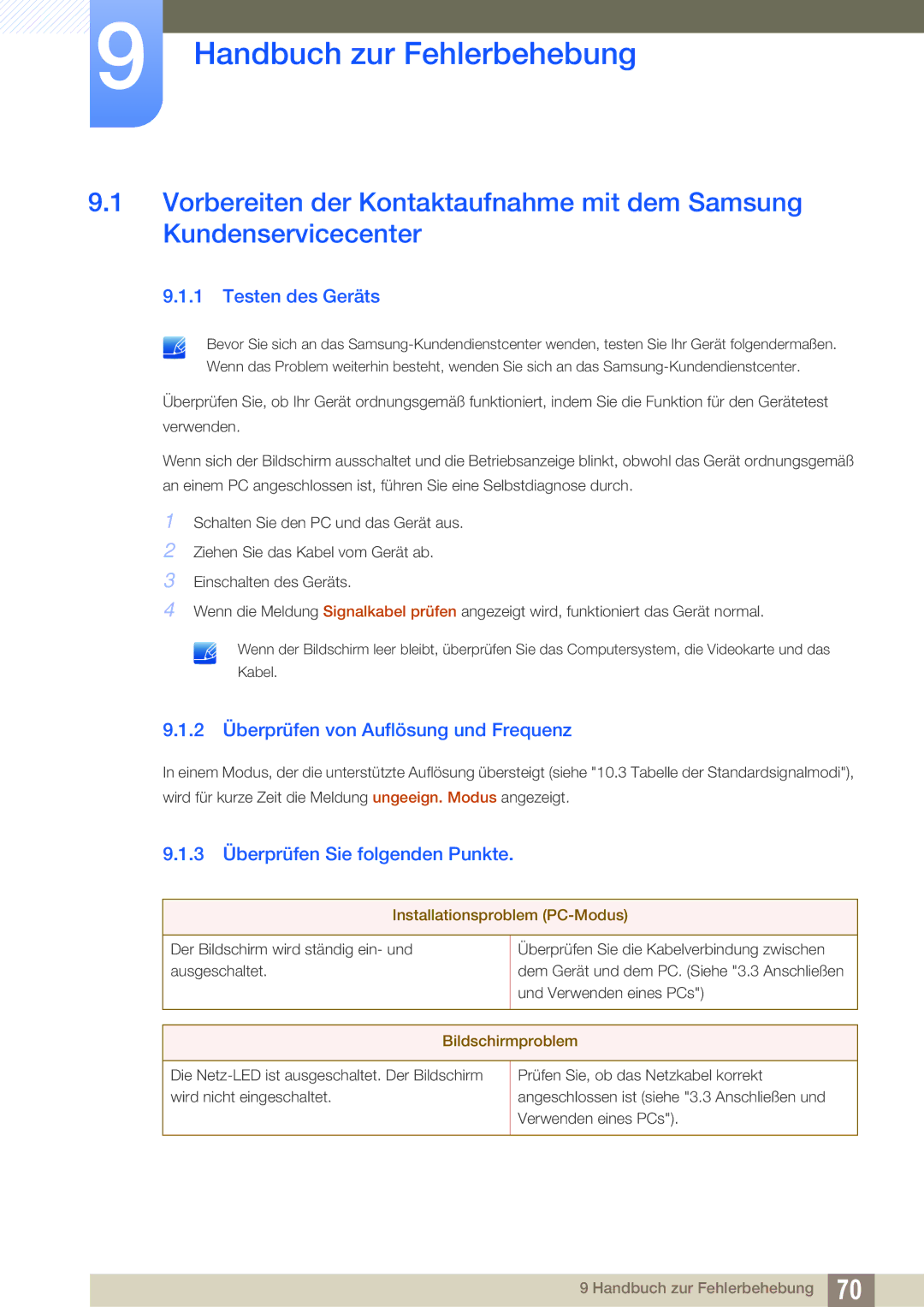 Samsung LS23A700DSL/EN manual Handbuch zur Fehlerbehebung, Testen des Geräts, 2 Überprüfen von Auflösung und Frequenz 