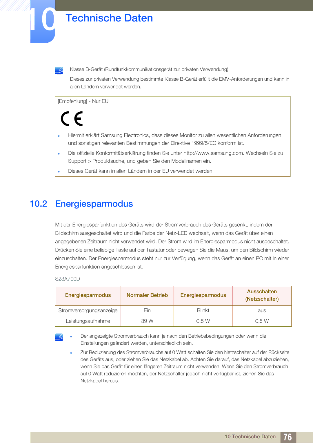 Samsung LS23A700DSL/EN, LS23A700DS/ZA, LS23A700DS/EN manual Energiesparmodus Normaler Betrieb Ausschalten Netzschalter 