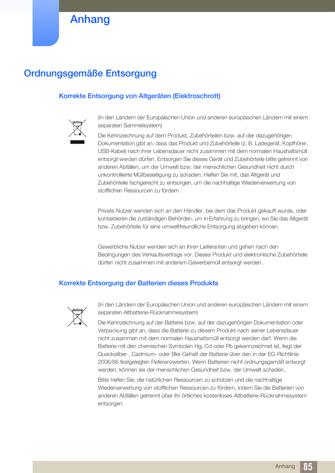 Samsung LS23A700DSL/EN, LS23A700DS/ZA manual Ordnungsgemäße Entsorgung, Korrekte Entsorgung von Altgeräten Elektroschrott 