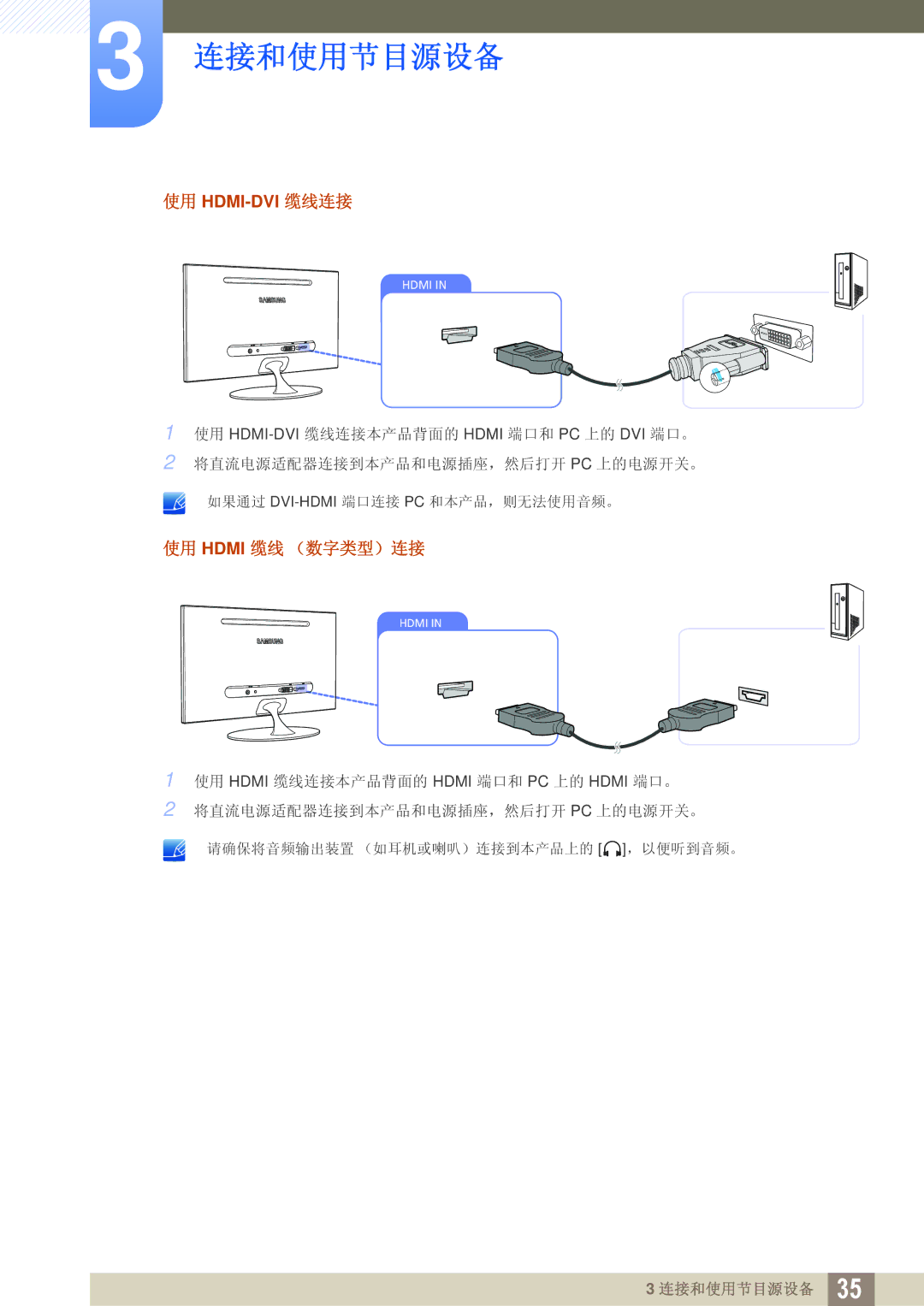 Samsung LS23A700DS/EN, LS23A700DS/ZA, LS23A700DSL/EN manual 使用 Hdmi-Dvi 缆线连接, 使用 Hdmi 缆线 （数字类型）连接 