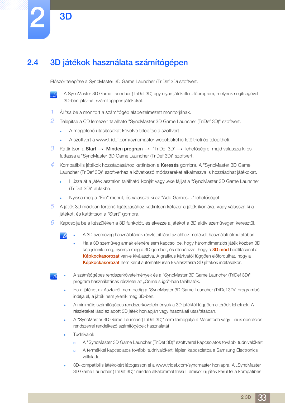 Samsung LS23A700DS/ZA, LS23A700DSL/EN, LS23A700DS/EN manual 3D játékok használata számítógépen 