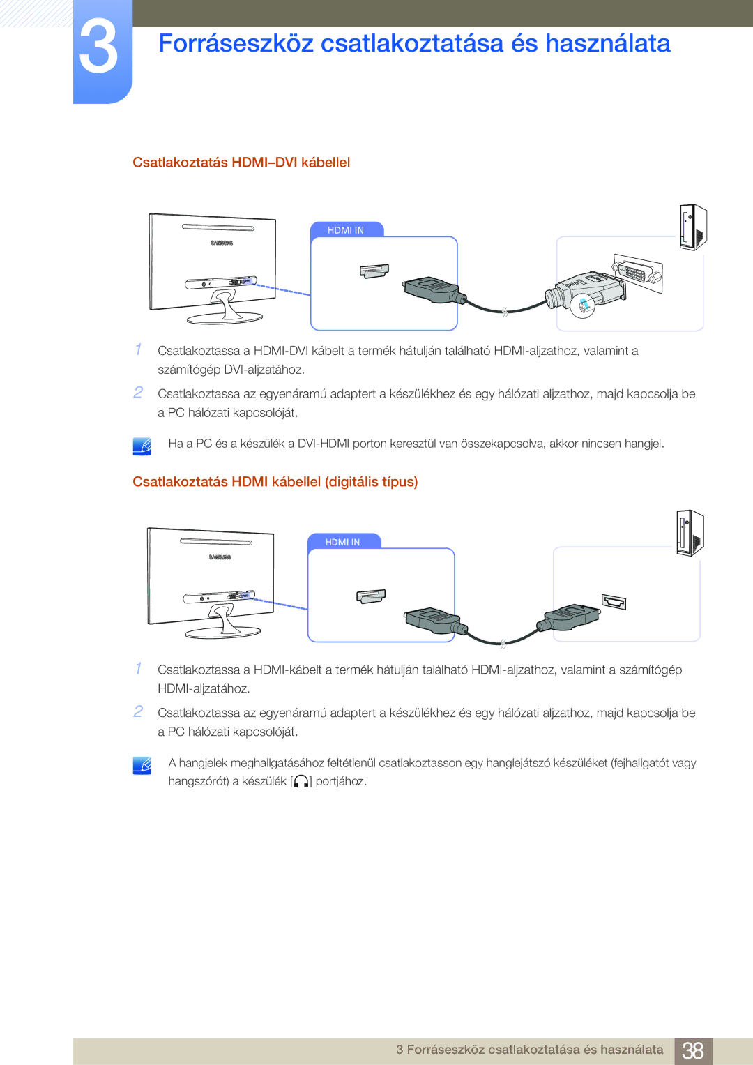 Samsung LS23A700DS/EN, LS23A700DS/ZA manual Csatlakoztatás HDMI-DVI kábellel, Csatlakoztatás Hdmi kábellel digitális típus 