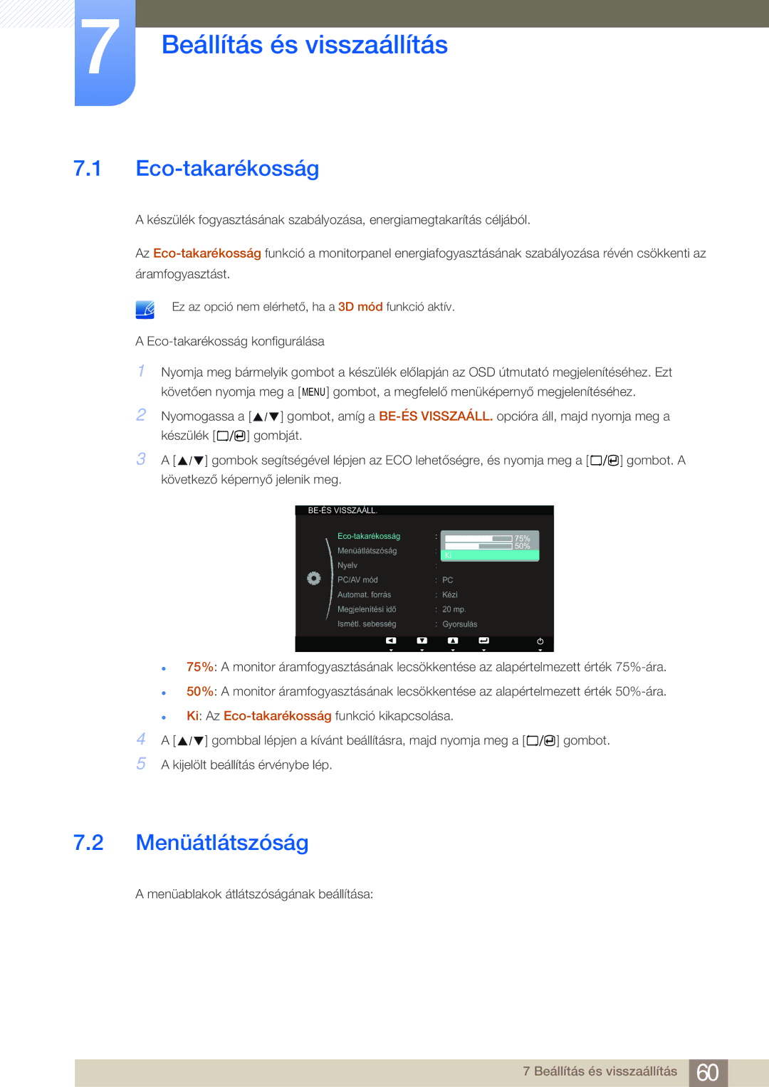 Samsung LS23A700DS/ZA, LS23A700DSL/EN, LS23A700DS/EN manual Beállítás és visszaállítás, Eco-takarékosság, Menüátlátszóság 