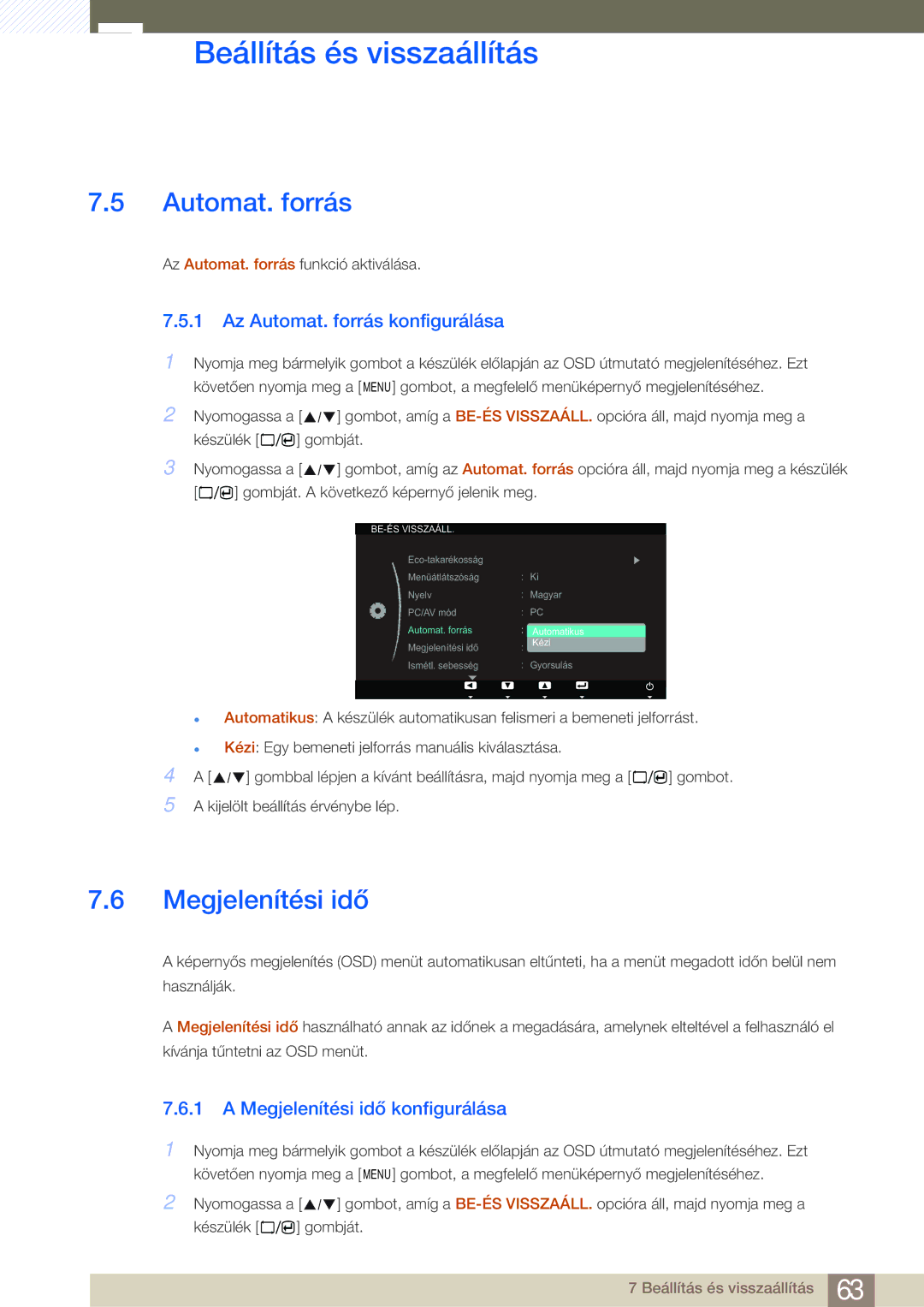 Samsung LS23A700DS/ZA, LS23A700DSL/EN manual Az Automat. forrás konfigurálása, Megjelenítési idő konfigurálása 