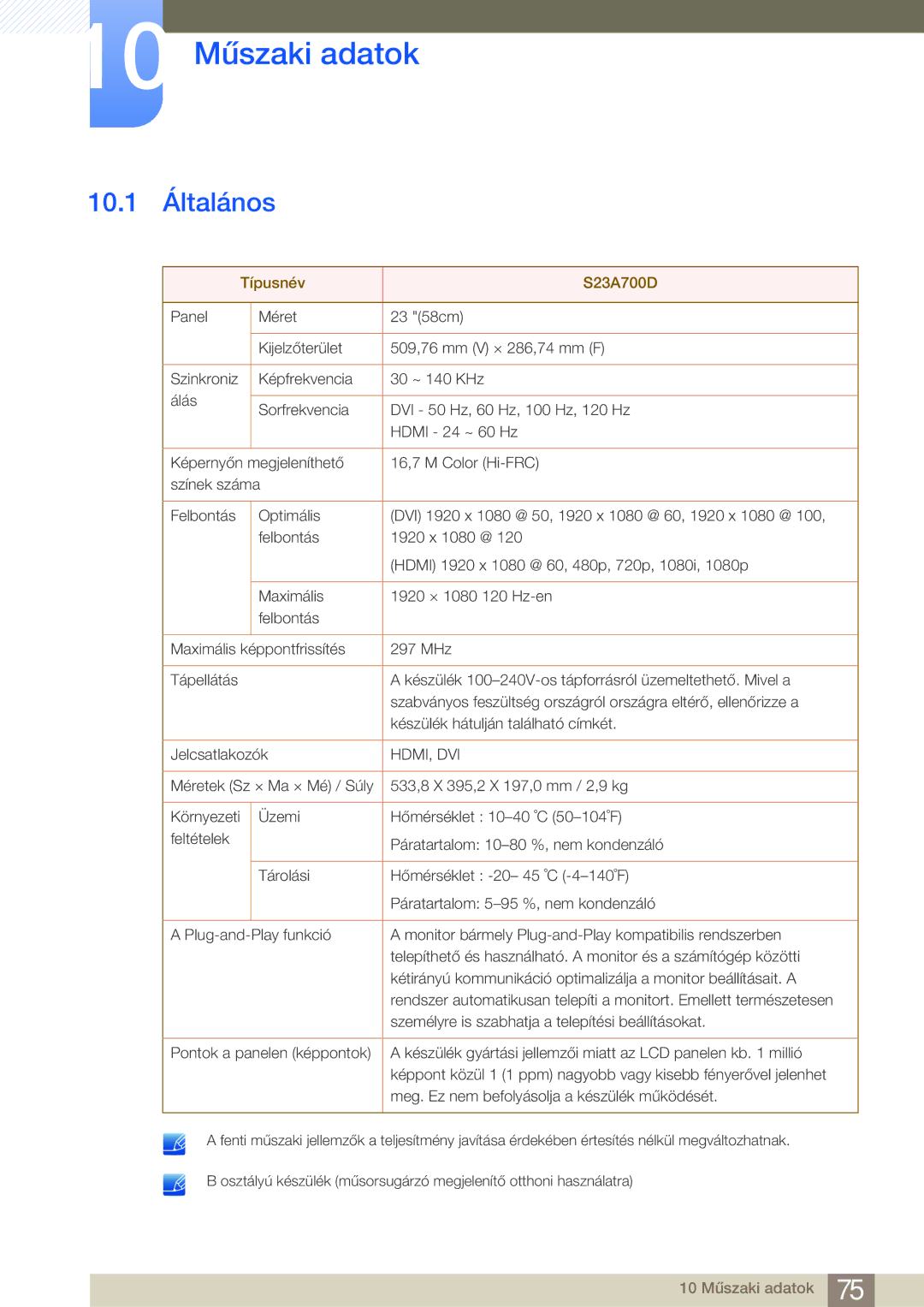 Samsung LS23A700DS/ZA, LS23A700DSL/EN, LS23A700DS/EN manual 10 Műszaki adatok, 10.1 Általános 