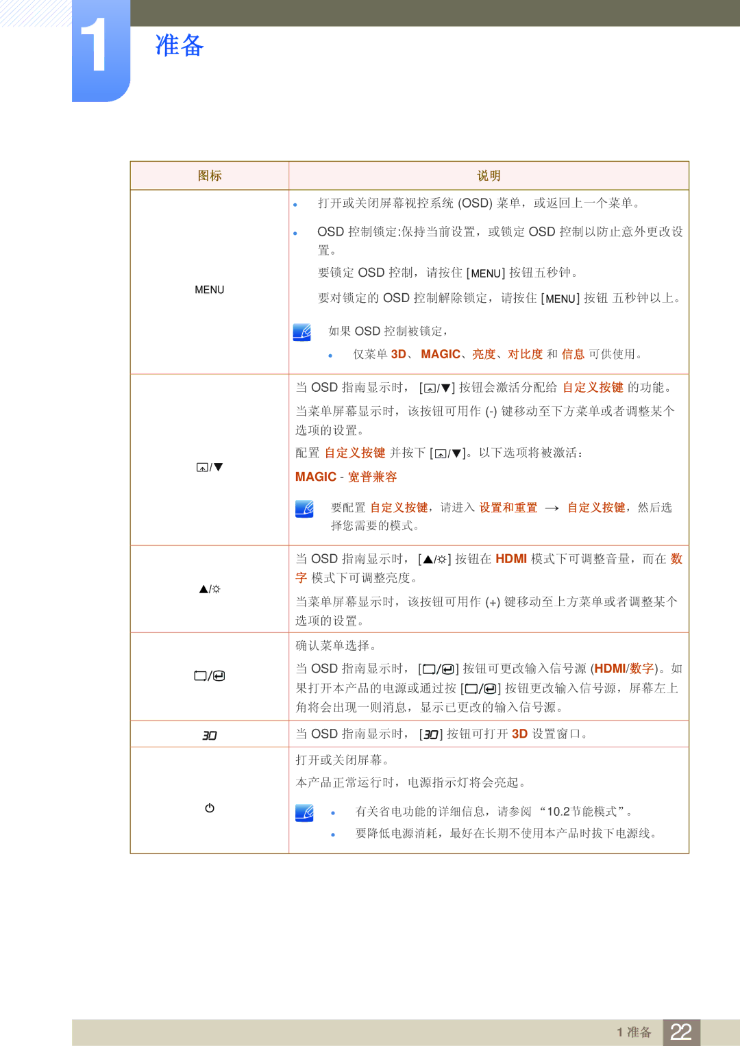 Samsung LS23A700DSL/EN, LS23A700DS/ZA, LS23A700DS/EN manual 要配置 自定义按键，请进入 设置和重置 → 自定义按键，然后选 择您需要的模式。 