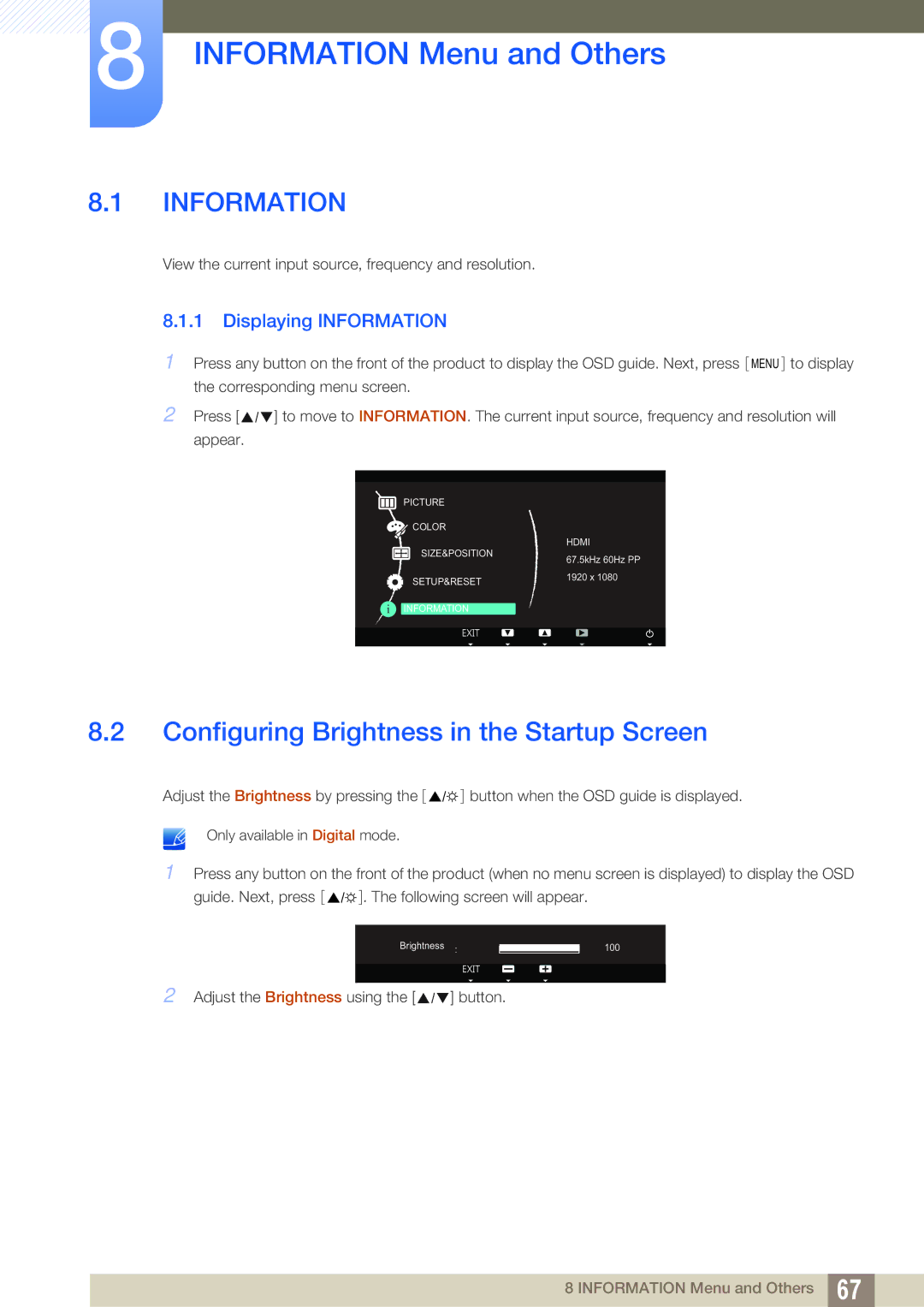 Samsung LS23A700DSLSCI Information Menu and Others, Configuring Brightness in the Startup Screen, Displaying Information 