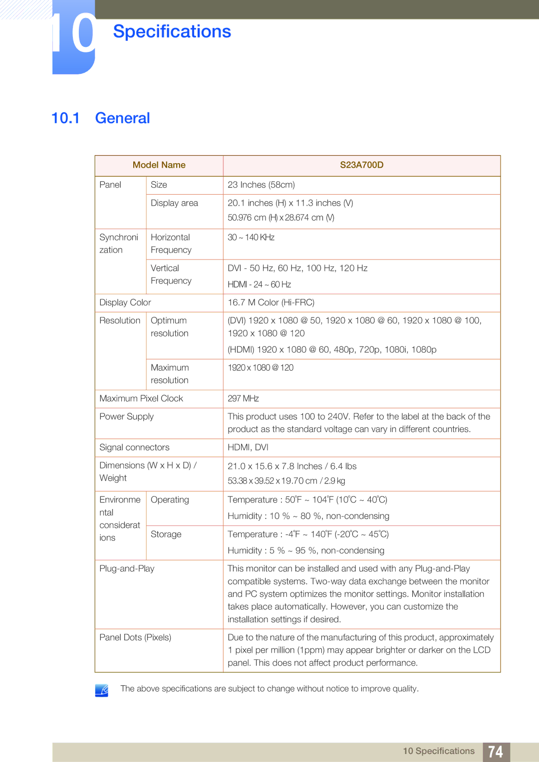 Samsung LS23A700DS/SM, LS23A700DS/ZA, LS23A700DSL/XJ, LS23A700DSL/EN, LS23A700DS/EN, LS23A700DS/NG Specifications, General 