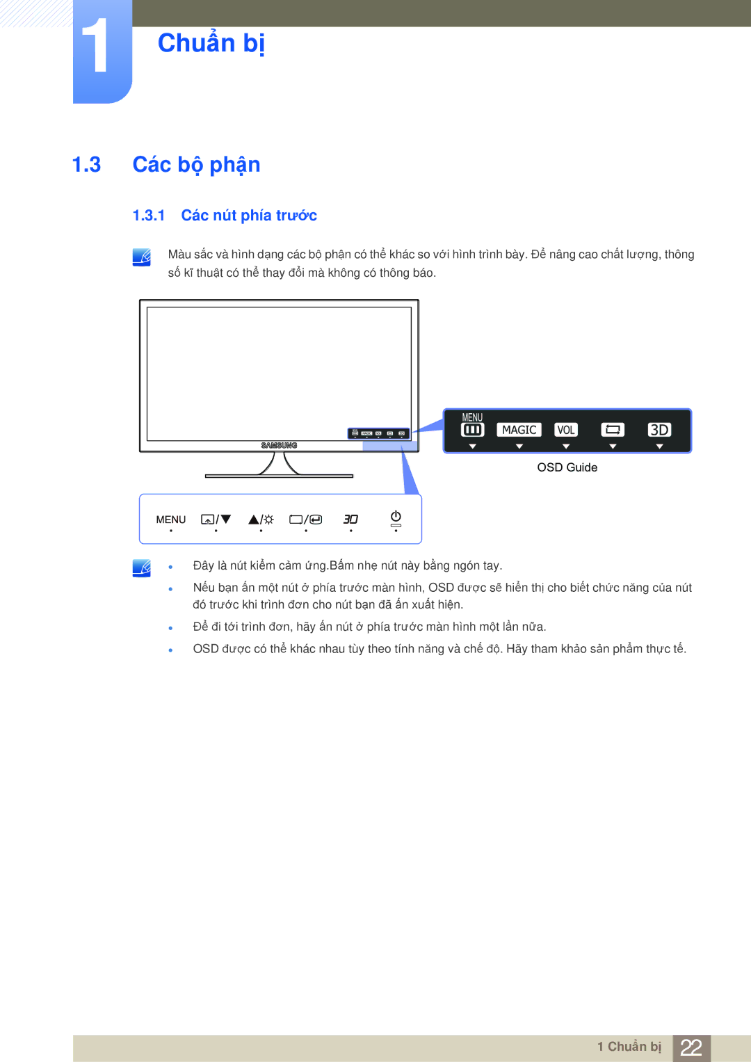 Samsung LS23A700DS/ZA, LS23A700DSL/XV manual Các bộ phận, 1 Các nút phía trước 