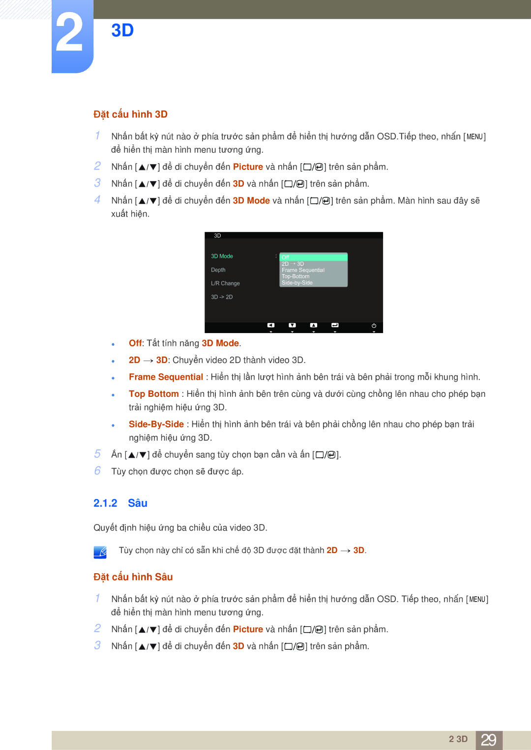 Samsung LS23A700DSL/XV, LS23A700DS/ZA manual 2 Sâu, Đặt cấu hình 3D, Đặt cấu hình Sâu 