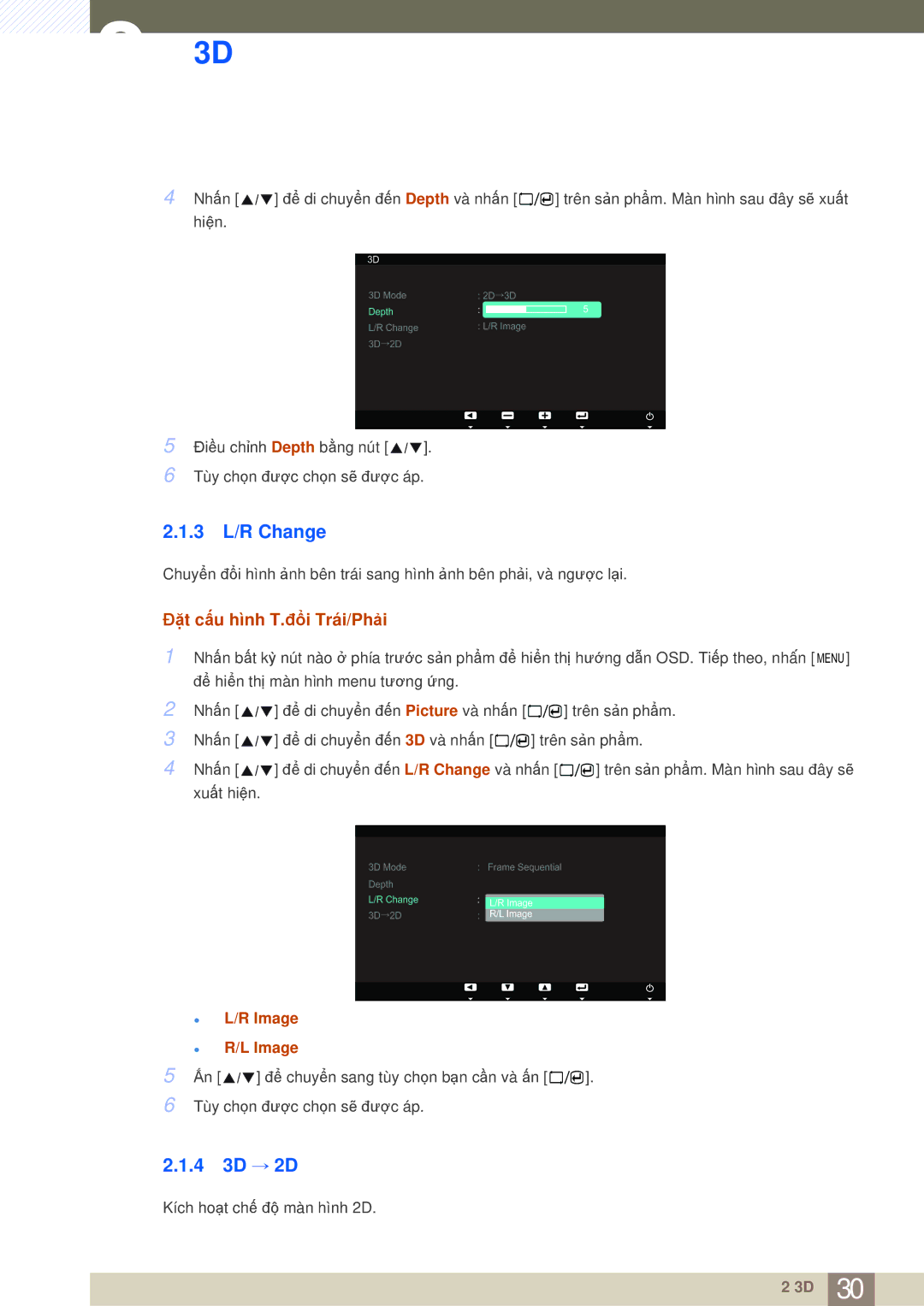 Samsung LS23A700DS/ZA, LS23A700DSL/XV manual 3 L/R Change, 4 3D → 2D, Đặt cấu hình T.đổi Trái/Phải 