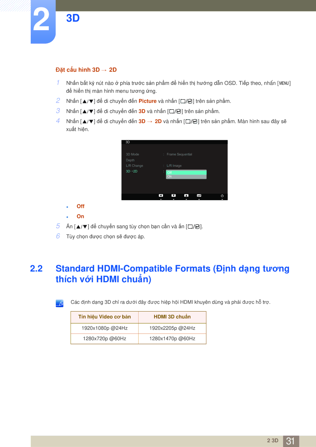 Samsung LS23A700DSL/XV, LS23A700DS/ZA manual Đặt cấu hình 3D → 2D, Tín hiệu Video cơ bản Hdmi 3D chuẩn 