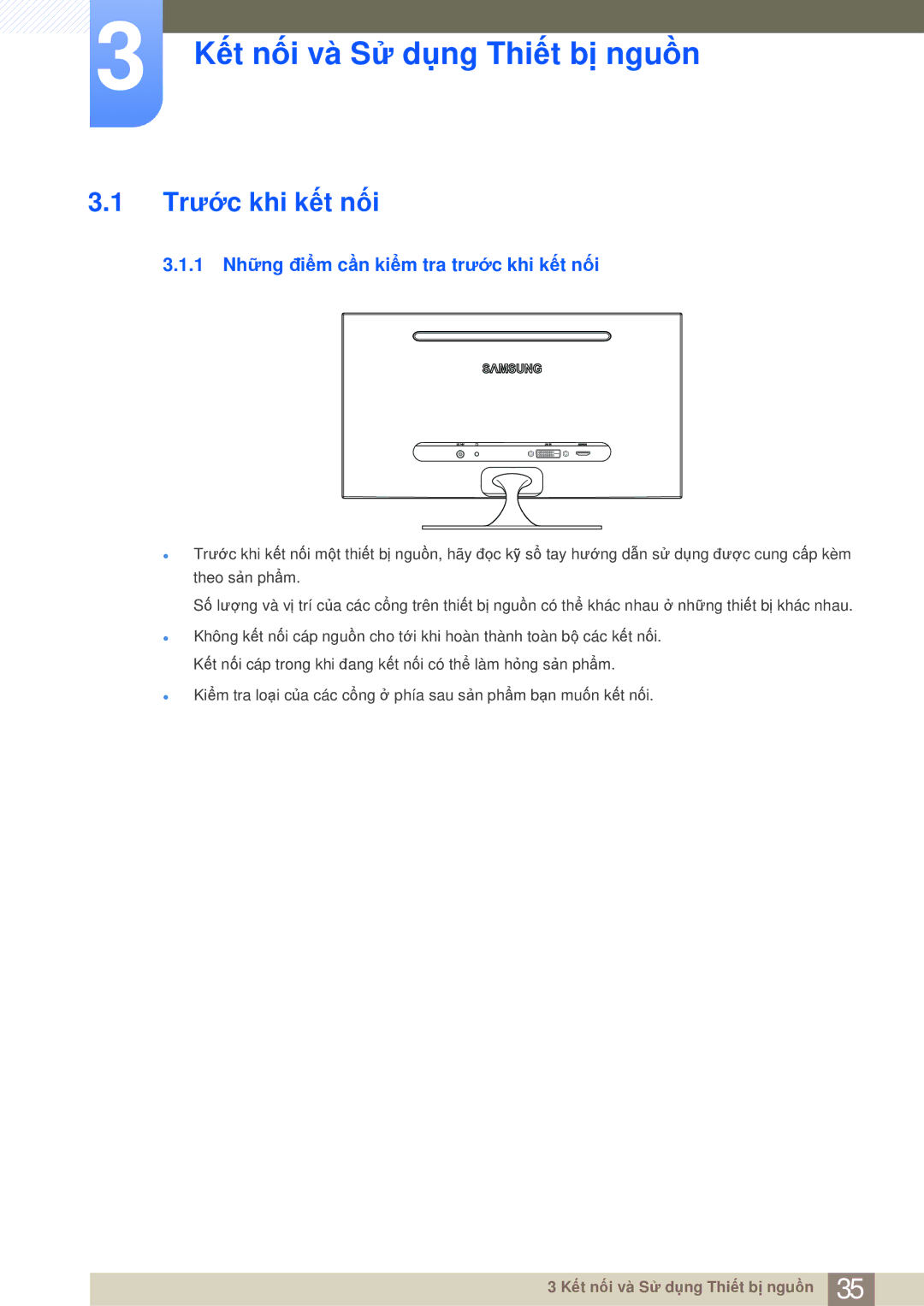 Samsung LS23A700DSL/XV Kết nối và Sử dụng Thiết bị nguồn, Trước khi kết nối, 1 Những điểm cần kiểm tra trước khi kết nối 