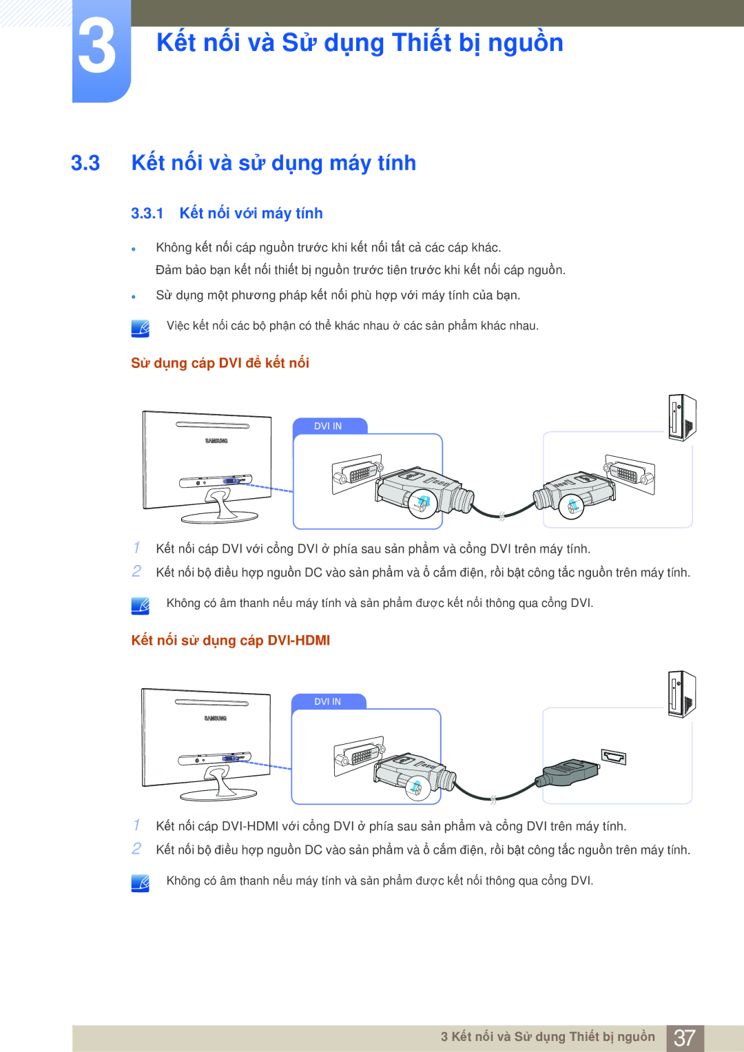 Samsung LS23A700DSL/XV, LS23A700DS/ZA manual Kết nối và sử dụng máy tính, 1 Kết nối với máy tính, Sử dụng cáp DVI để kết nối 