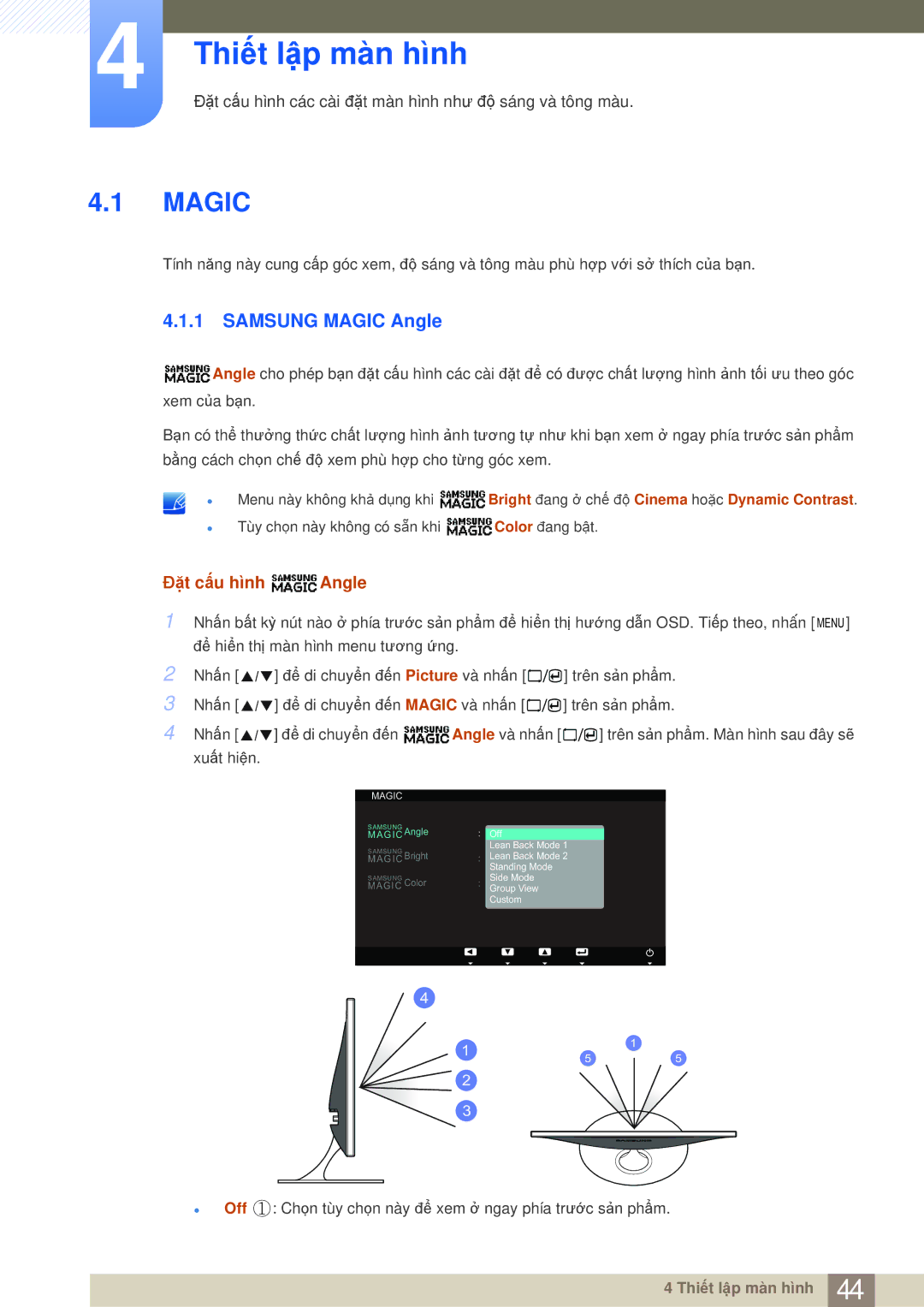 Samsung LS23A700DS/ZA, LS23A700DSL/XV manual Thiết lập màn hình, Samsung Magic Angle, Đặt cấu hình Angle 