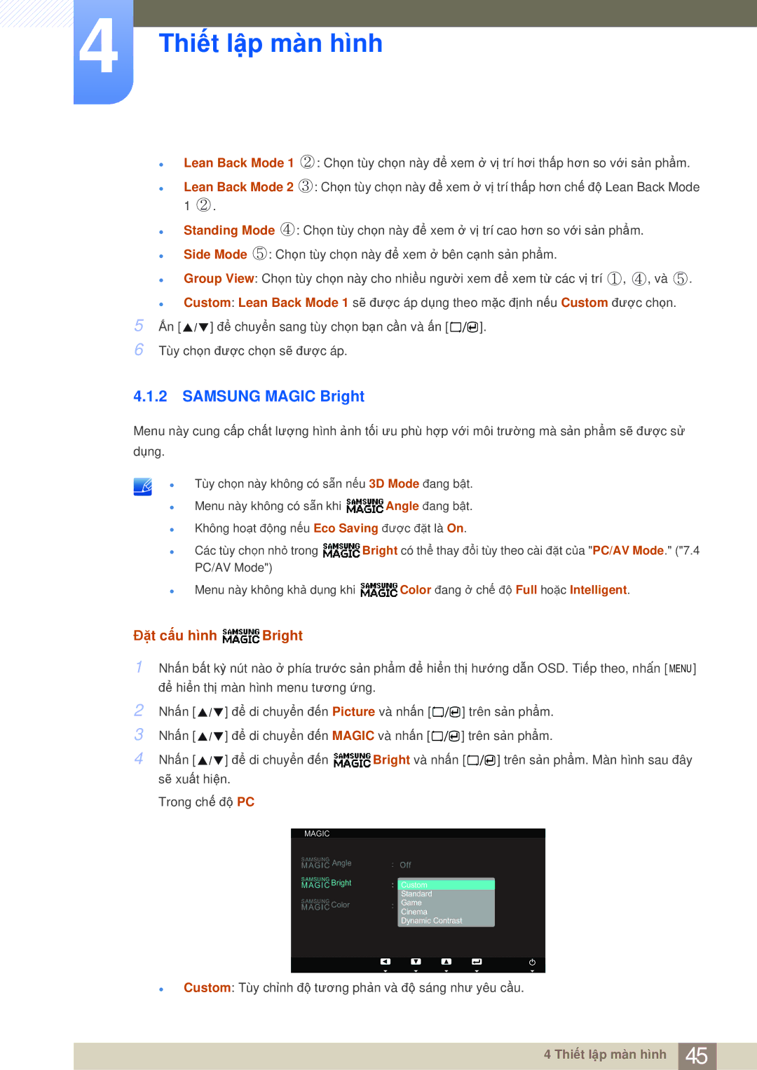 Samsung LS23A700DSL/XV, LS23A700DS/ZA manual Samsung Magic Bright, Đặt cấu hình Bright 