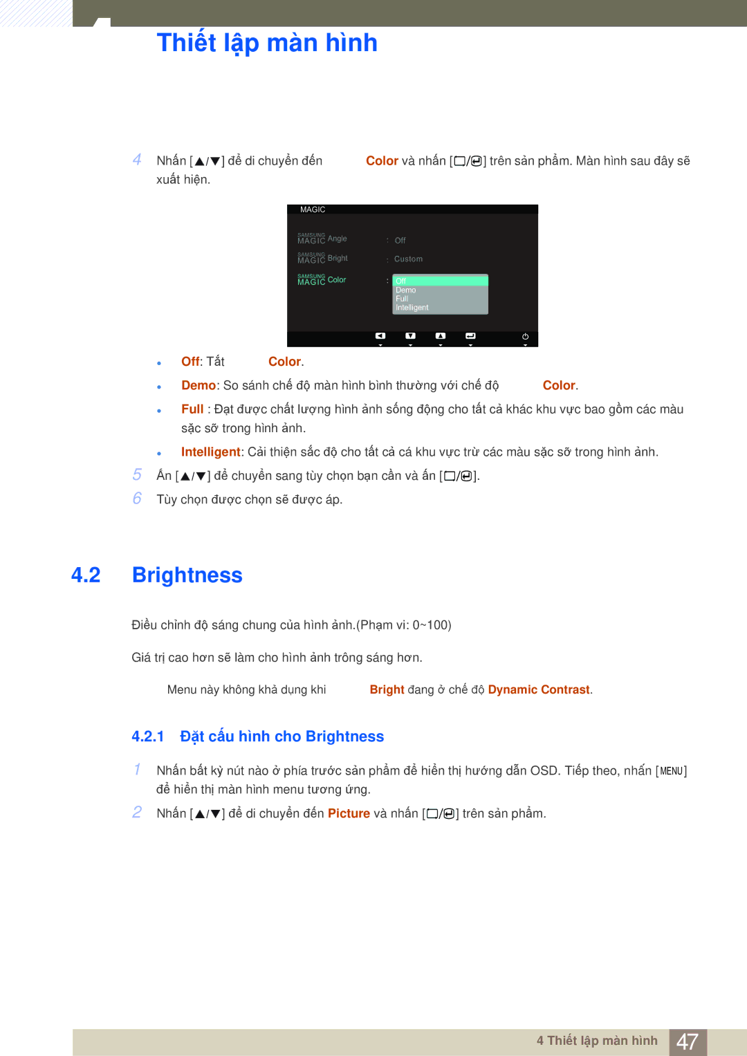 Samsung LS23A700DSL/XV, LS23A700DS/ZA manual 1 Đặt cấu hình cho Brightness 