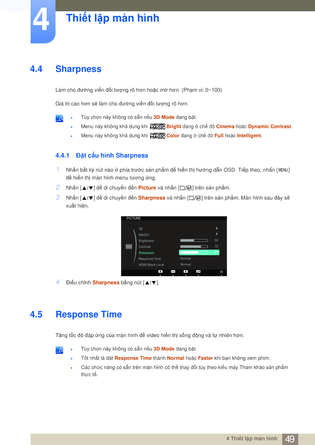 Samsung LS23A700DSL/XV, LS23A700DS/ZA manual Response Time, 1 Đặt cấu hình Sharpness 