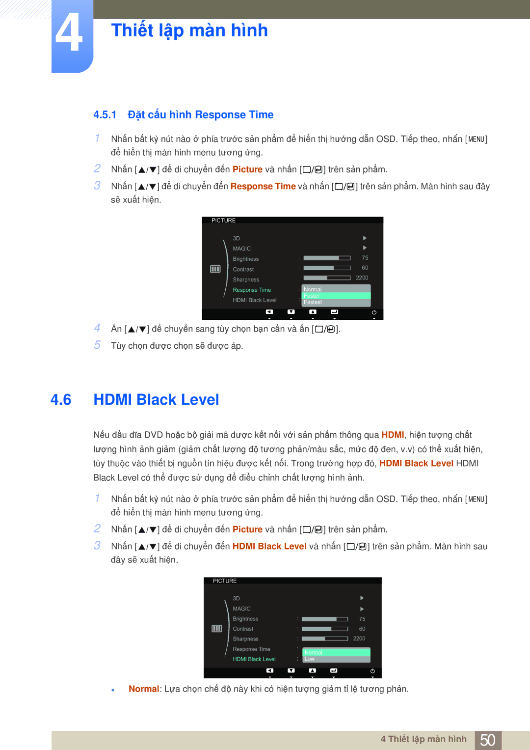 Samsung LS23A700DS/ZA, LS23A700DSL/XV manual Hdmi Black Level, 1 Đặt cấu hình Response Time 