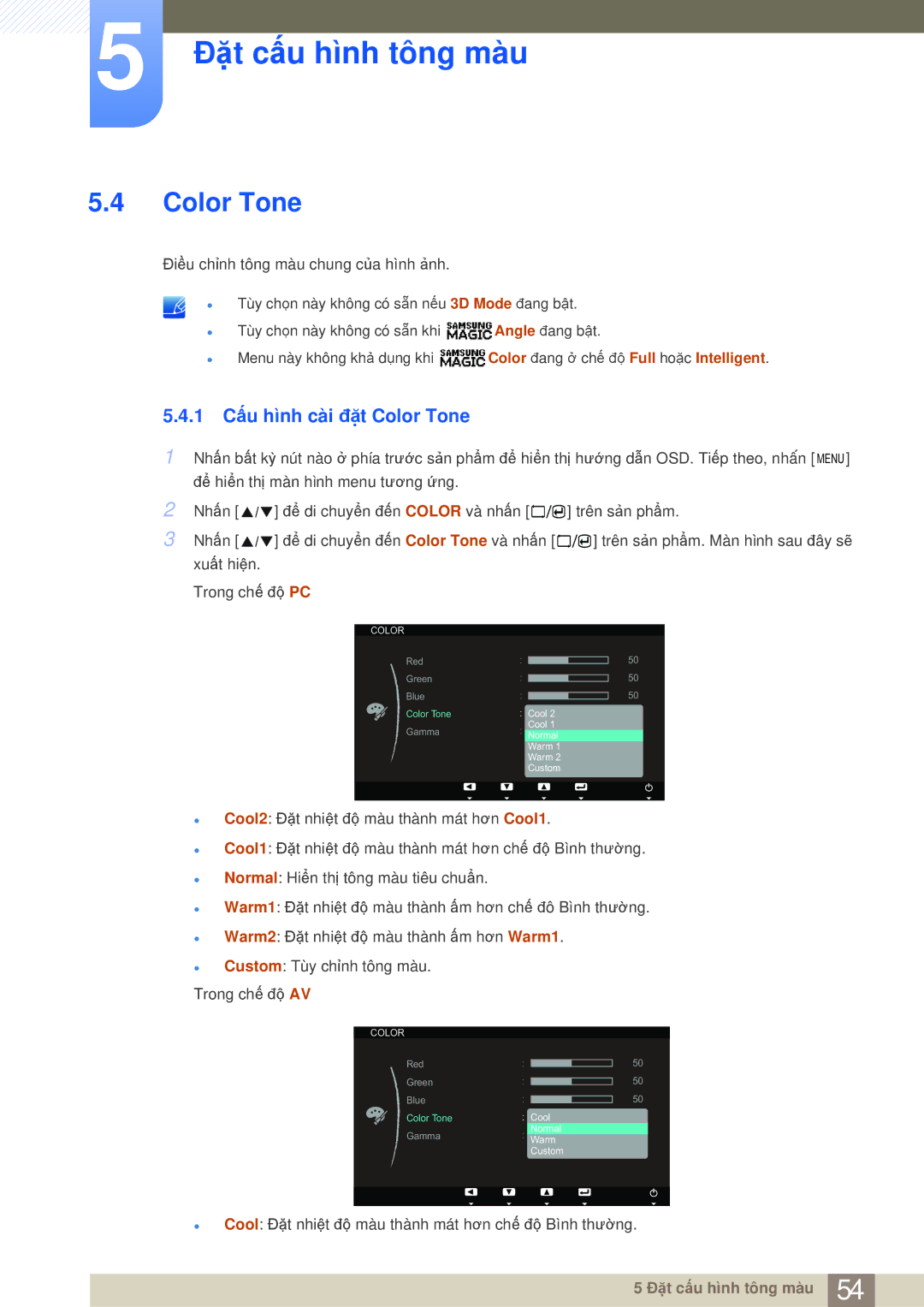 Samsung LS23A700DS/ZA, LS23A700DSL/XV manual 1 Cấu hình cài đặt Color Tone 