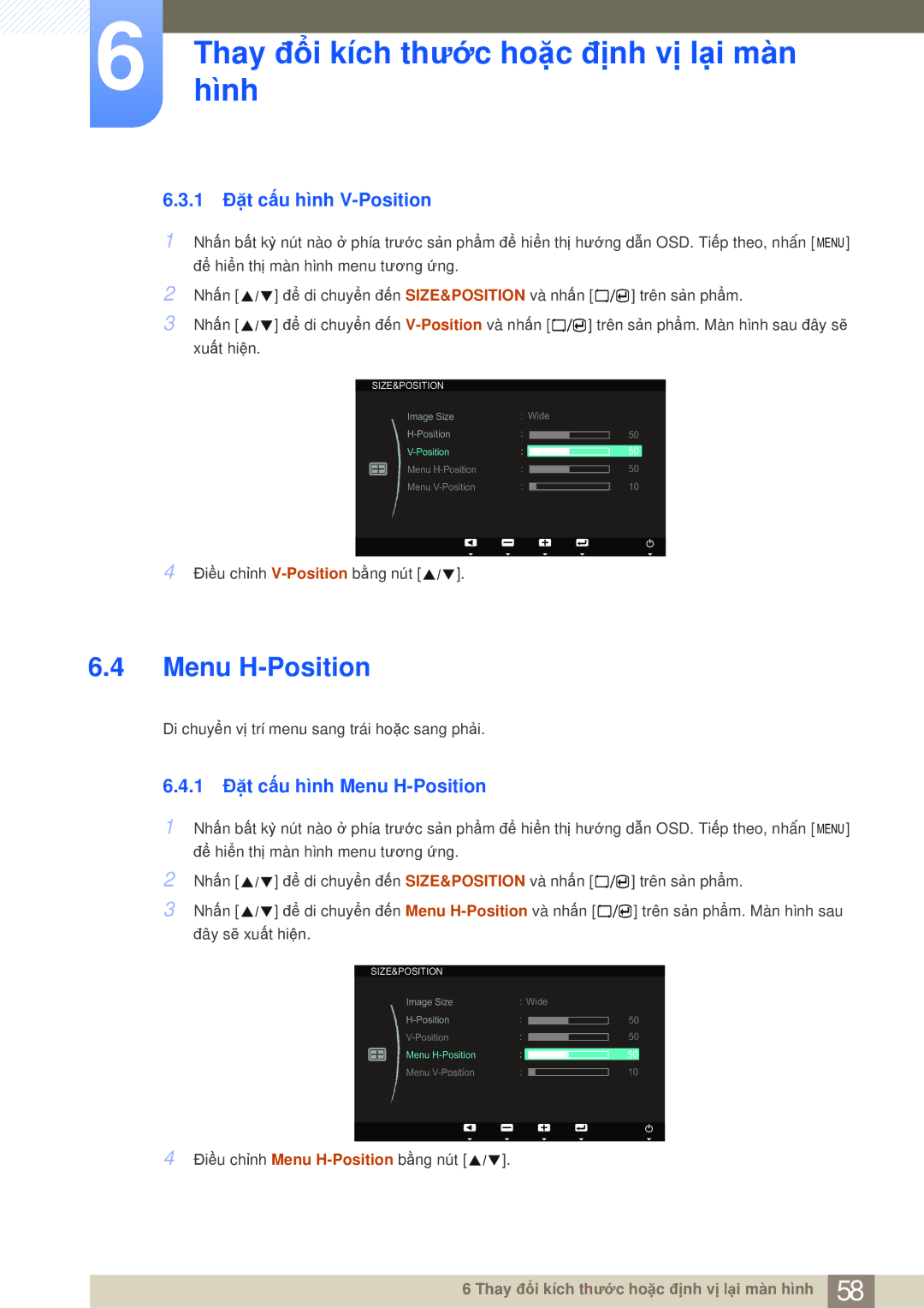 Samsung LS23A700DS/ZA, LS23A700DSL/XV manual 1 Đặt cấu hình V-Position, 1 Đặt cấu hình Menu H-Position 