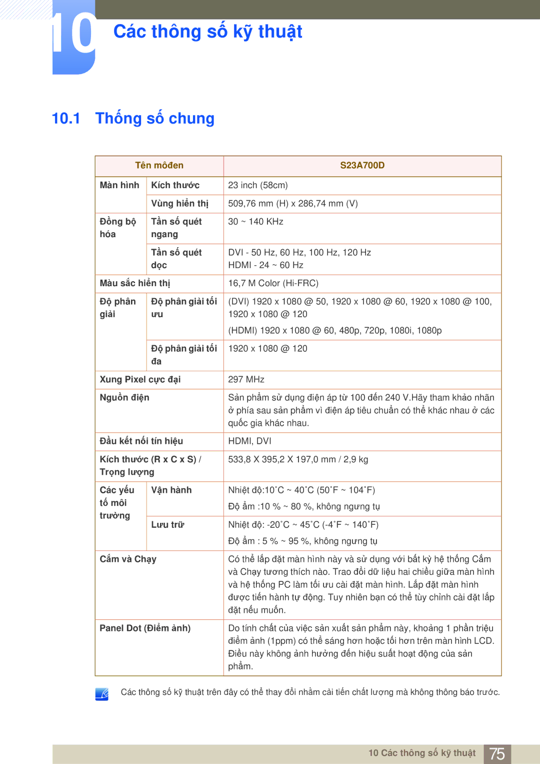 Samsung LS23A700DSL/XV, LS23A700DS/ZA manual 10 Các thông số kỹ thuật, 10.1 Thống số chung, Tên môđen S23A700D 